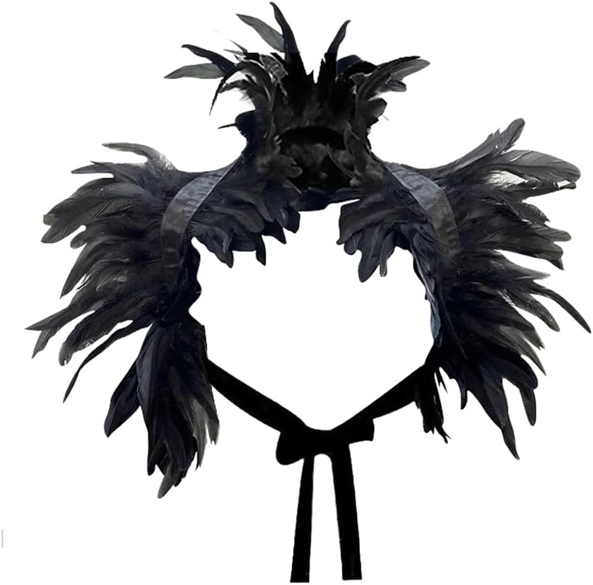 Gothic Feather Shrug Shoulder Strap and Feather Wrist Cuffs Set Cosplay Feather Cape Shawl Wrap Costume Halloween Party Tie Scarf Bib Lace Feather Wristband for Halloween Cosplay Fancy Dress Carnival
