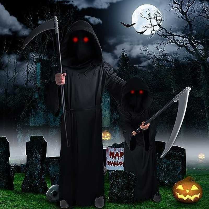Halloween Grim Reaper Costume Set for Adult, 4PCS Black Hooded Cape, Skull Face Mask, Skeleton Hand Gloves, Grim Reaper Scythe Death Scythe Staff, Cosplay Costume Props for Men & Women image number 5