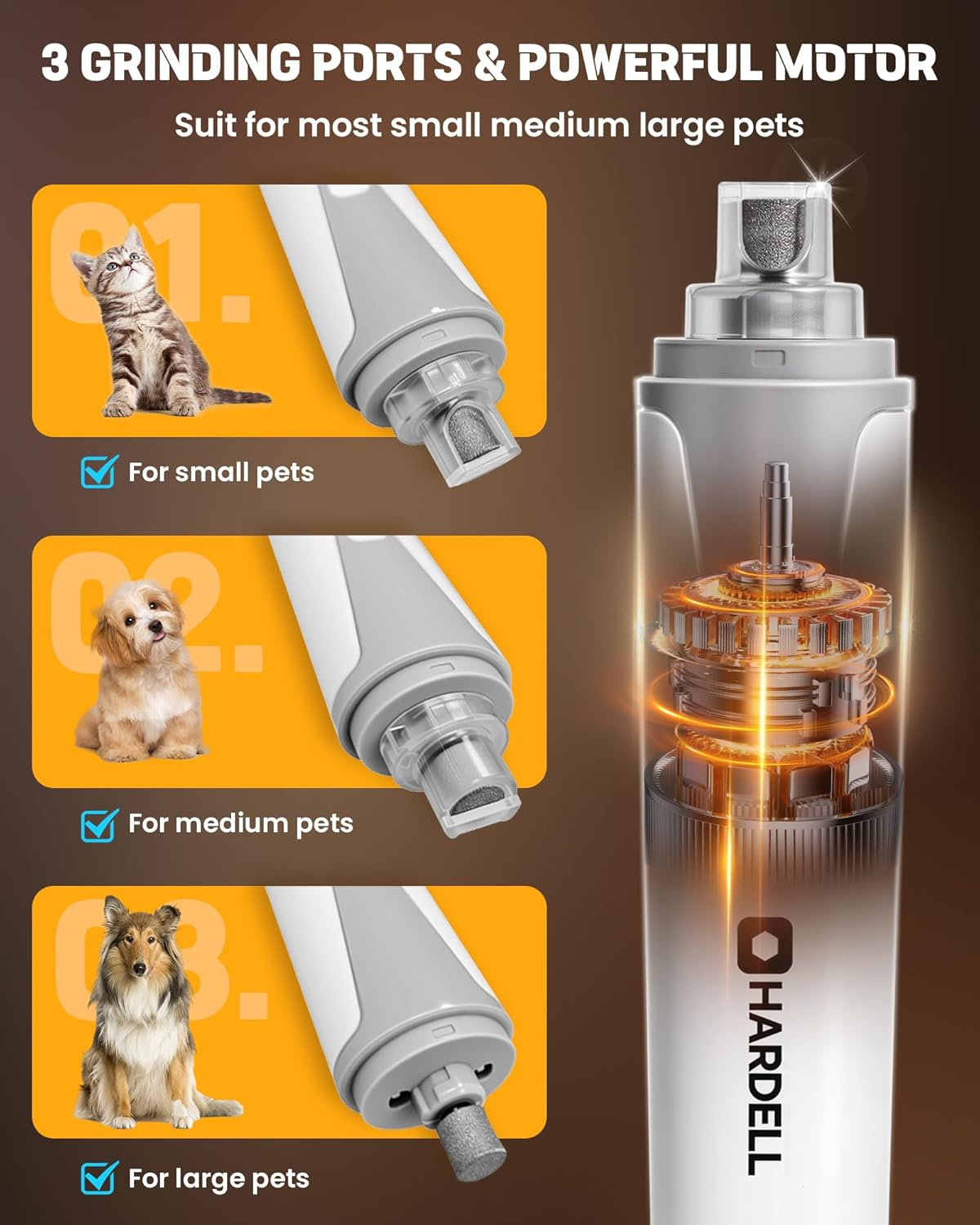 HARDELL Dog Nail Grinder, Super Quiet Dog Nail Trimmers with 2 LED Lights & 3 Grinding Ports, Safety Pet Nail Grinder for Small Dogs/Cats & Puppy image number 5