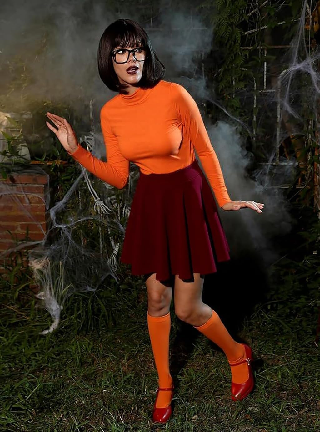 Velma Costume for Women Orange Halloween Costumes with Mini Skirt, Knee Socks image number 3