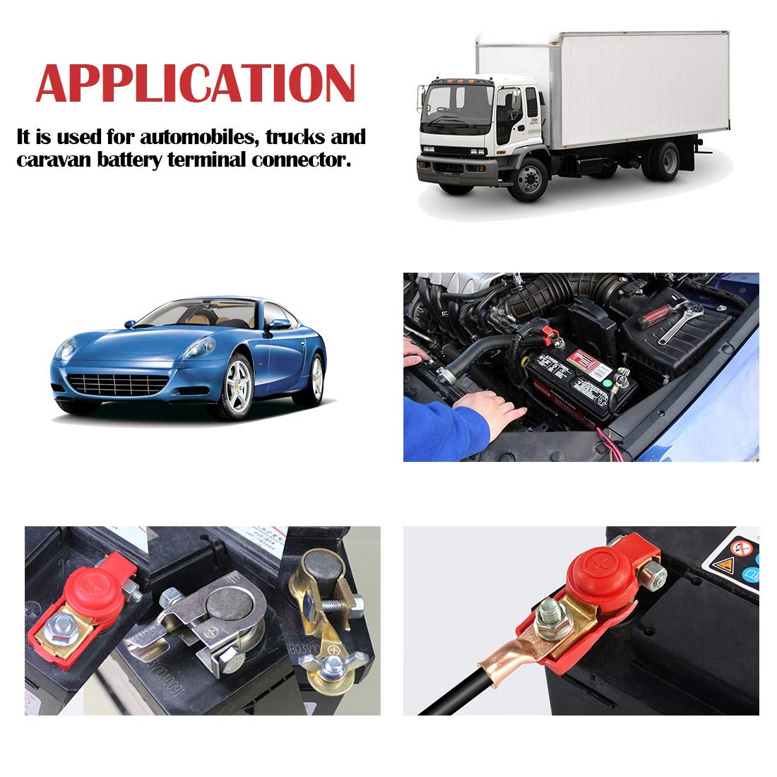 Hilitchi 1 Pair Car Battery Terminal Connectors Clamp and 6 Pcs Wire Lugs Battery Cable Ends Copper Eyelets Negative and Positive Top Post Copper Corrosion Resistance for Car Van and More image number 4