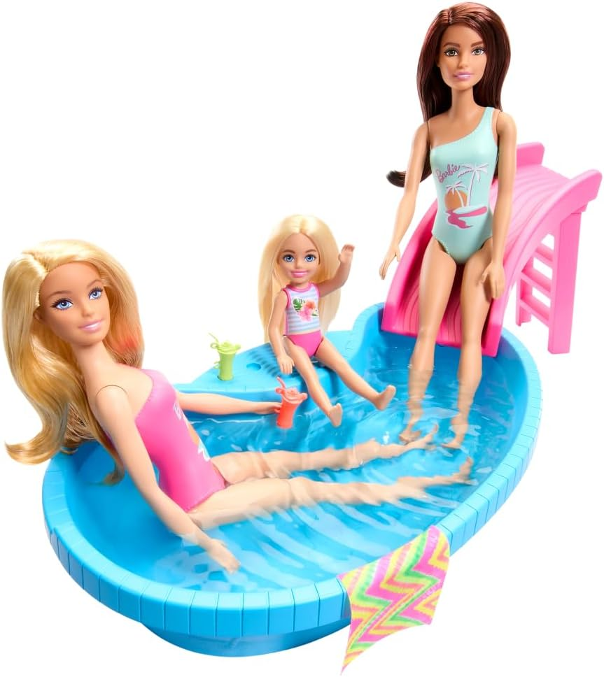 Barbie Doll and Pool Playset, Blonde in Tropical Pink One-Piece Swimsuit with Pool, Slide, Towel and Drink Accessories image number 5