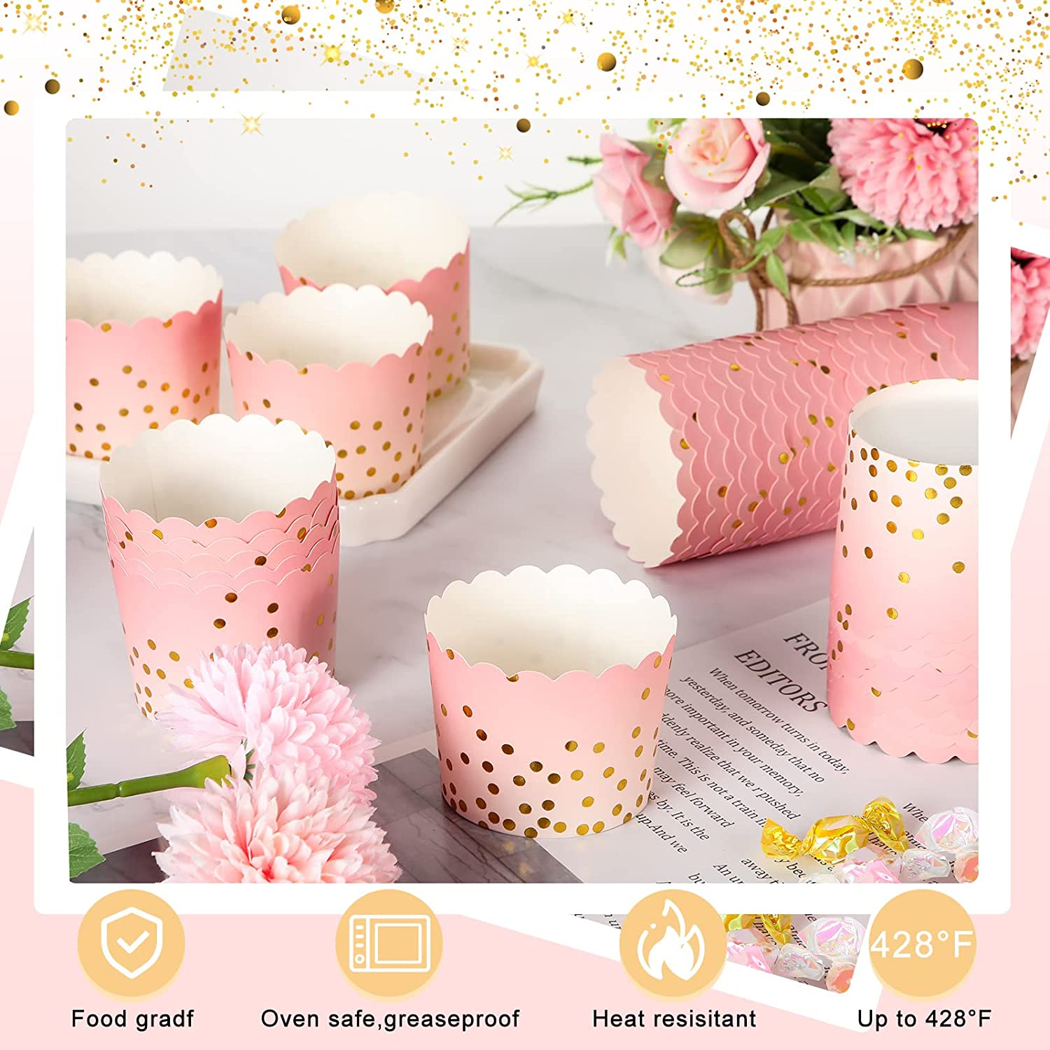 100 Pcs Pink Cupcake Liners 4.5 Oz Gold Polka Dot Paper Baking Cups for Muffins Desserts Bake, Easter, Baby Showers, Wedding and Birthday Party image number 3