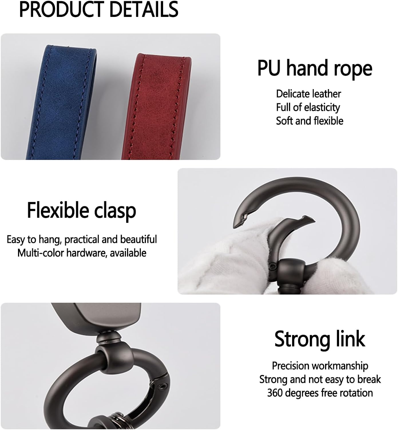 3PCS Leather Car Keychain Accessories Key Ring 360 Degree Rotatable Snap Swivel and Anti-Lost D-Ring Metal Key Chains for Men and Women(Brown,Blue,Grey), Golden image number 4