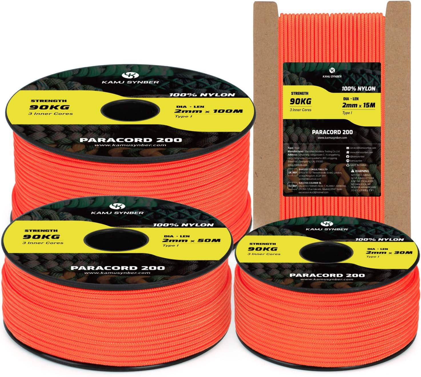 Paracord 2Mm 3 Strands 30M 100% Nylon Rope Type I Parachute Cord for Craft, Outdoor, DIY, Camping | Support 90Kg | Neon Orange image number 3