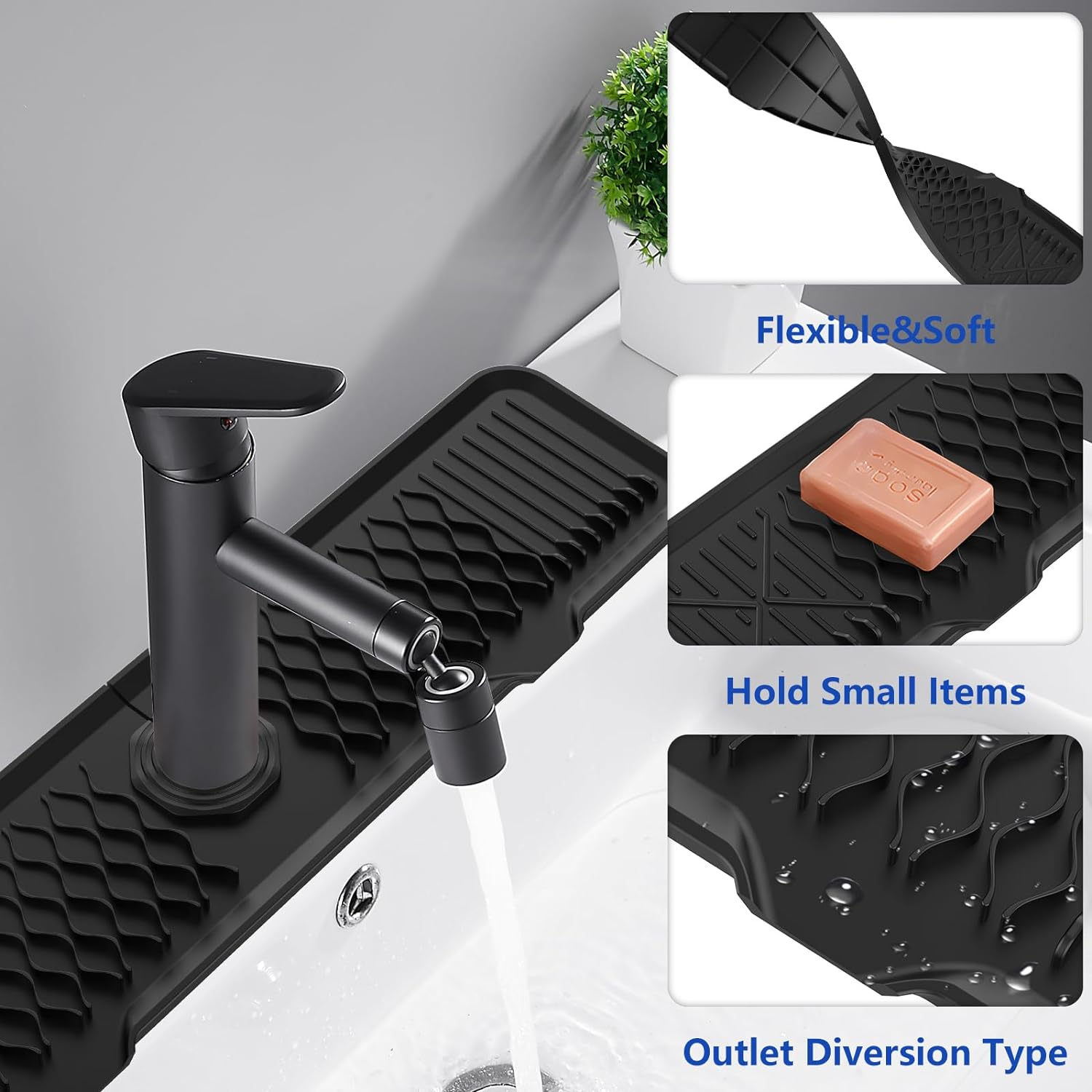 61CM Long Sink Splash Guard Mat, Faucet Handle Drip Catcher Tray, Countertop Dish Drying Mats Kitchen Sink Black image number 1