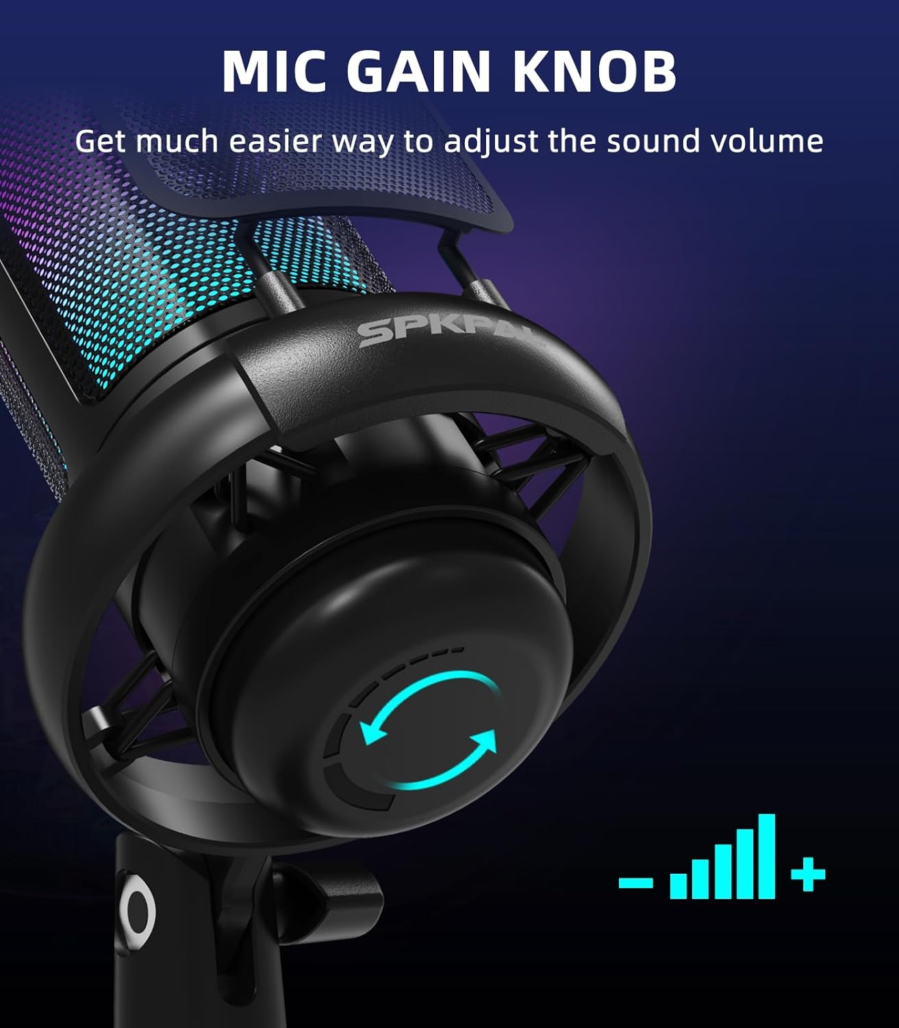 SPKPAL USB Microphone PC, RGB Gaming Mic with Mute Button, Condenser Microphone with Gain Knob & Monitoring Jack for Recording, Streaming, Podcasting image number 6