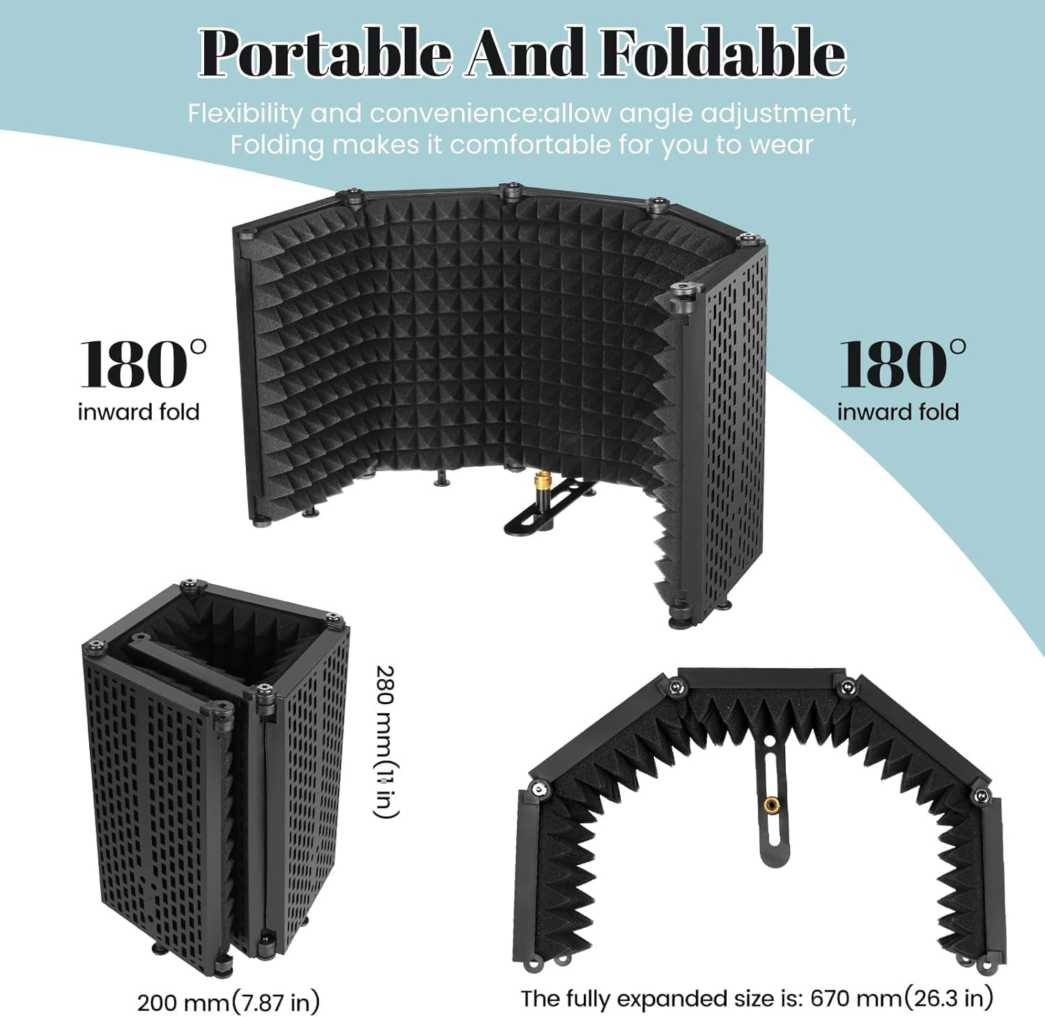 Microphone Isolation Shield with Pop Filter & Tripod Stand, Foldable Mic Shield with Triple Sound Insulation, High Density Mic Sound Shield for Recording Studio, Podcasts, Singing image number 3