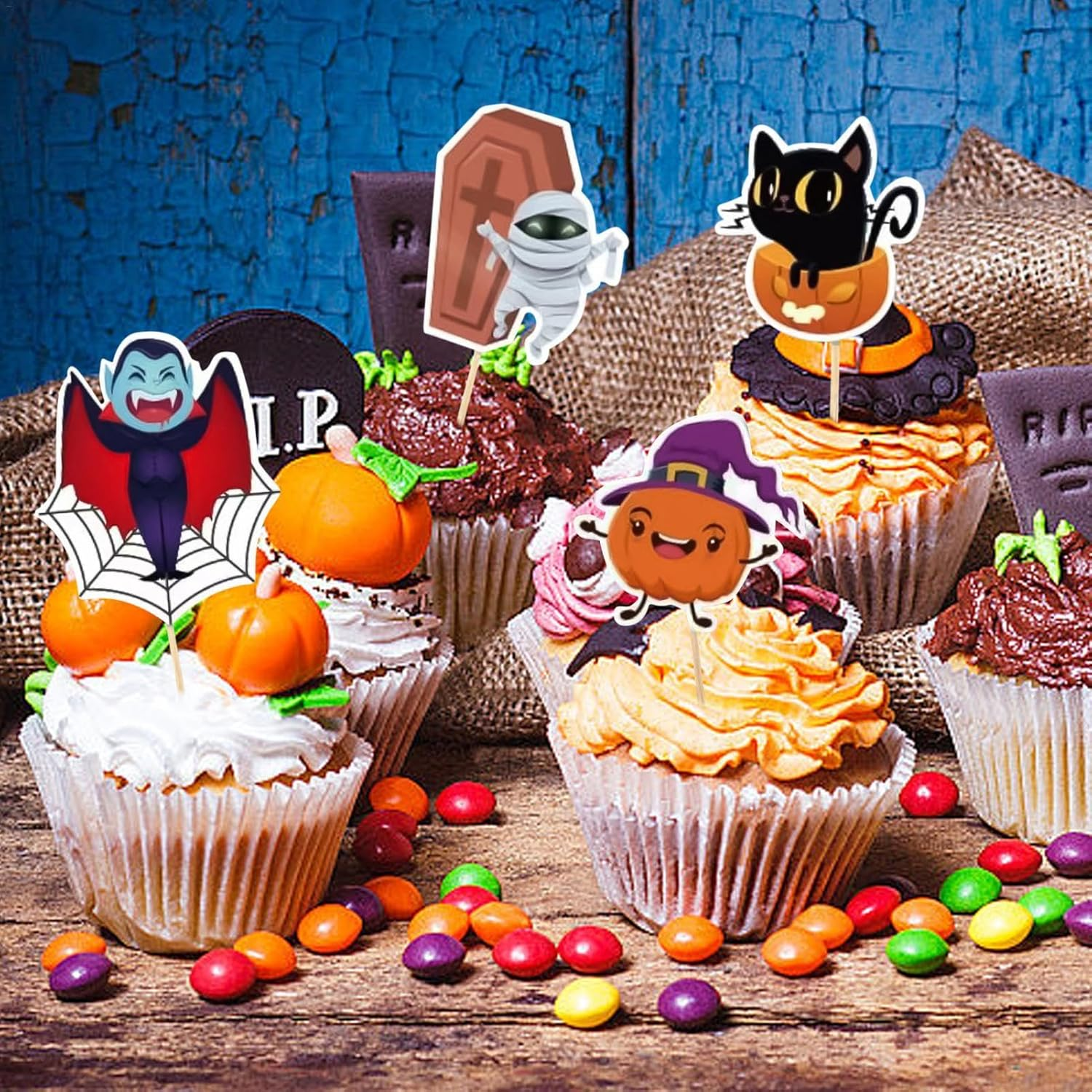 Halloween Cupcake Toppers | 7X Halloween Cupcake Picks | Castle, Zombie, Ghost, Witch, Black Cat, Vampire, Pumpkin Graveyard Tombstone Cupcake Toppers for Horror Party image number 2