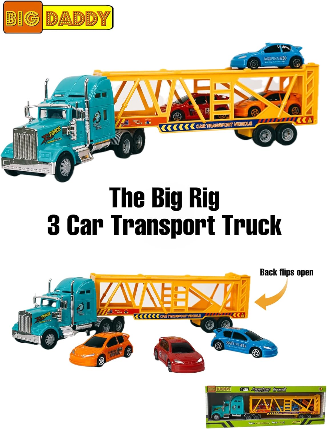 Big Daddy Big Rig Heavy Duty Tractor Trailer Transport Car Transport Toy Truck with 3 Cars image number 1