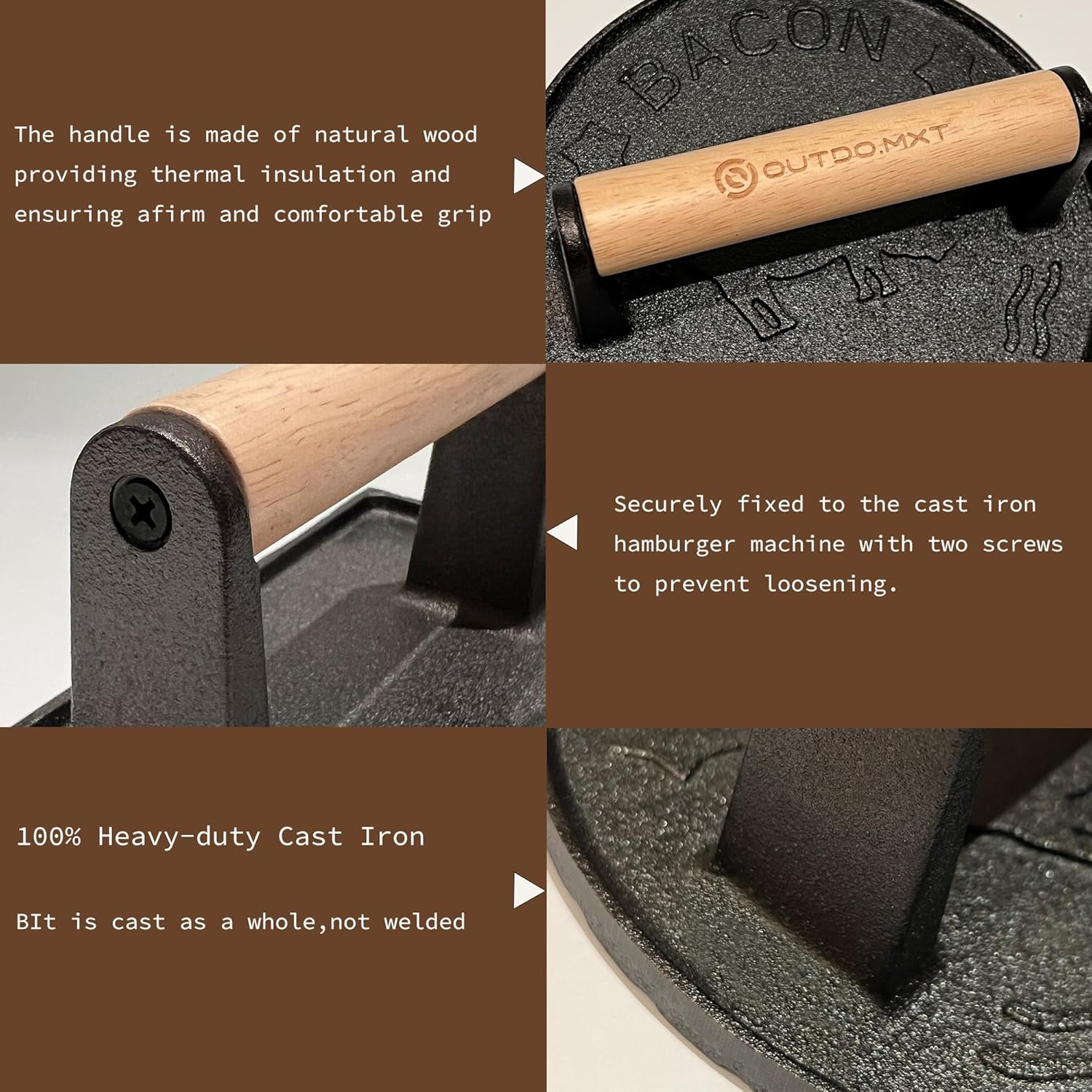 Burger Press Smash Burger Press for Blackstone Griddle Heavy Duty Cast Iron 8.5"X4.3" Rectangular Grill Press Bacon Press with Wood Handle and Silicone Protective Cover image number 3