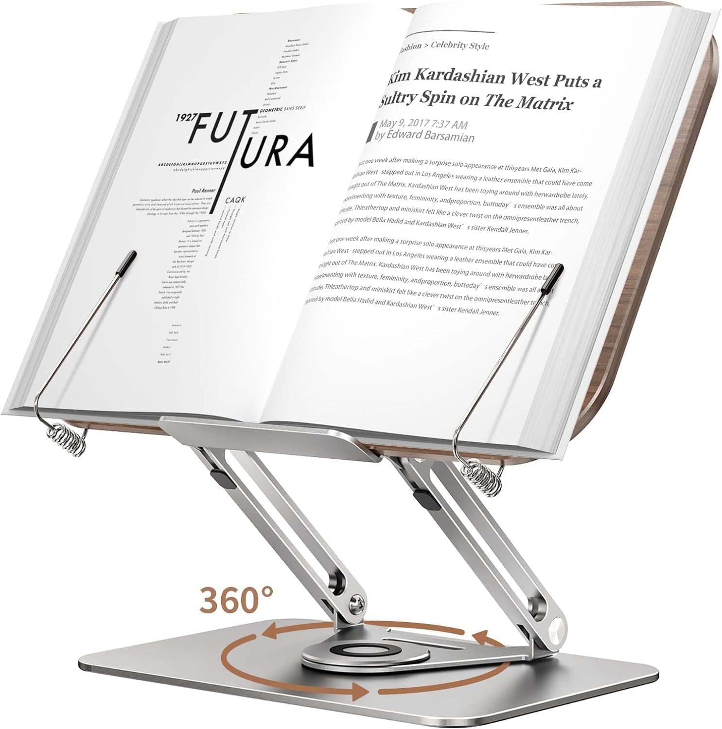 Desktop Book Stand for Reading Adjustable Book Holder with 360&deg; Rotating Base & Page Clips, Foldable Desktop Ricer for Cookbook,Sheet Music,Laptop,Recipe,Textbook,Hands Free,Aluminium image number 3