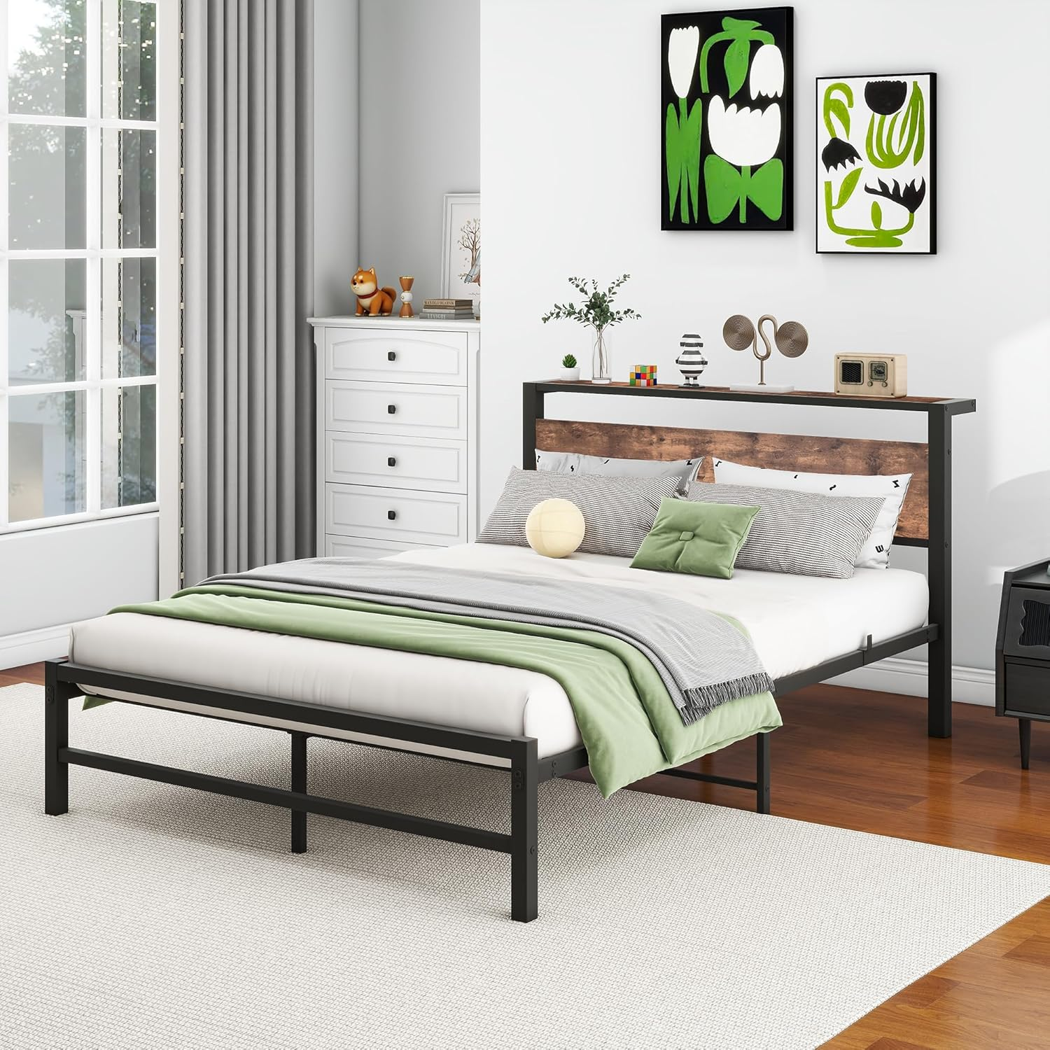 Double Size Metal Platform Bed Frame with Storage Headboard, Bed Frame Double Size No Box Spring Needed, Sturdy Steel Slat, Easy Assembly, Non-Slip Noise Free image number 3