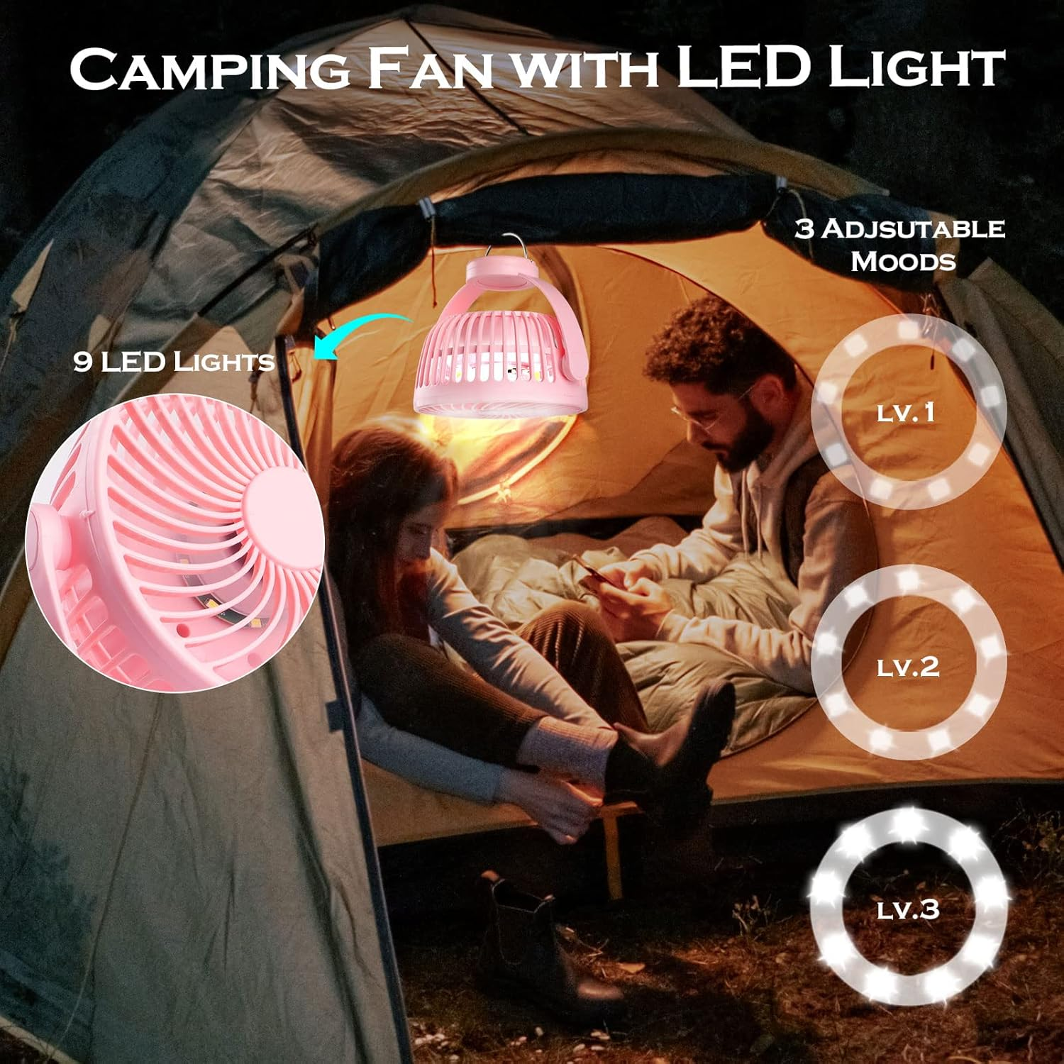 Hianjoo Stroller Fan with LED Light, 5200 Mah Desk Fan Silent Camping Fans with Hook 360&deg; Rotation Flexible Portable Rechargeable Electric Powerful Cooling Fan for Office/Camping/Car/Bbq/Gym, Pink image number 3