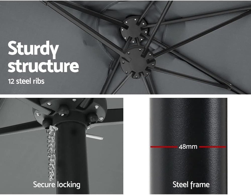 Instahut Outdoor Umbrella 4.57M Charcoal Pole Stand, Sun Beach Garden Patio Camping Tent Gazebo Canopy Double Shading, Water Resistant and UV Steel Frame - Charcoal image number 4