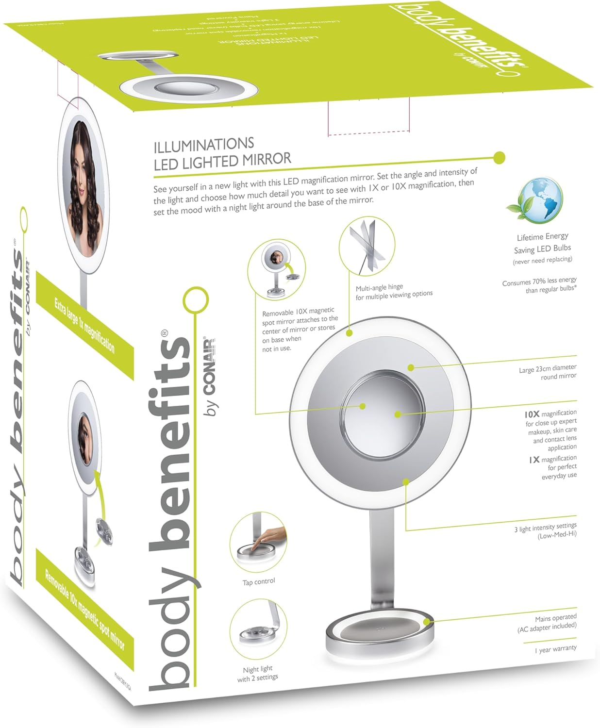 Conair Illuminations LED Lighted Vanity Mirror &ndash; Silver, 3 Light Settings with Night Light, 10X Removable Spot Mirror, Adjustable Multi-Angle Design image number 3