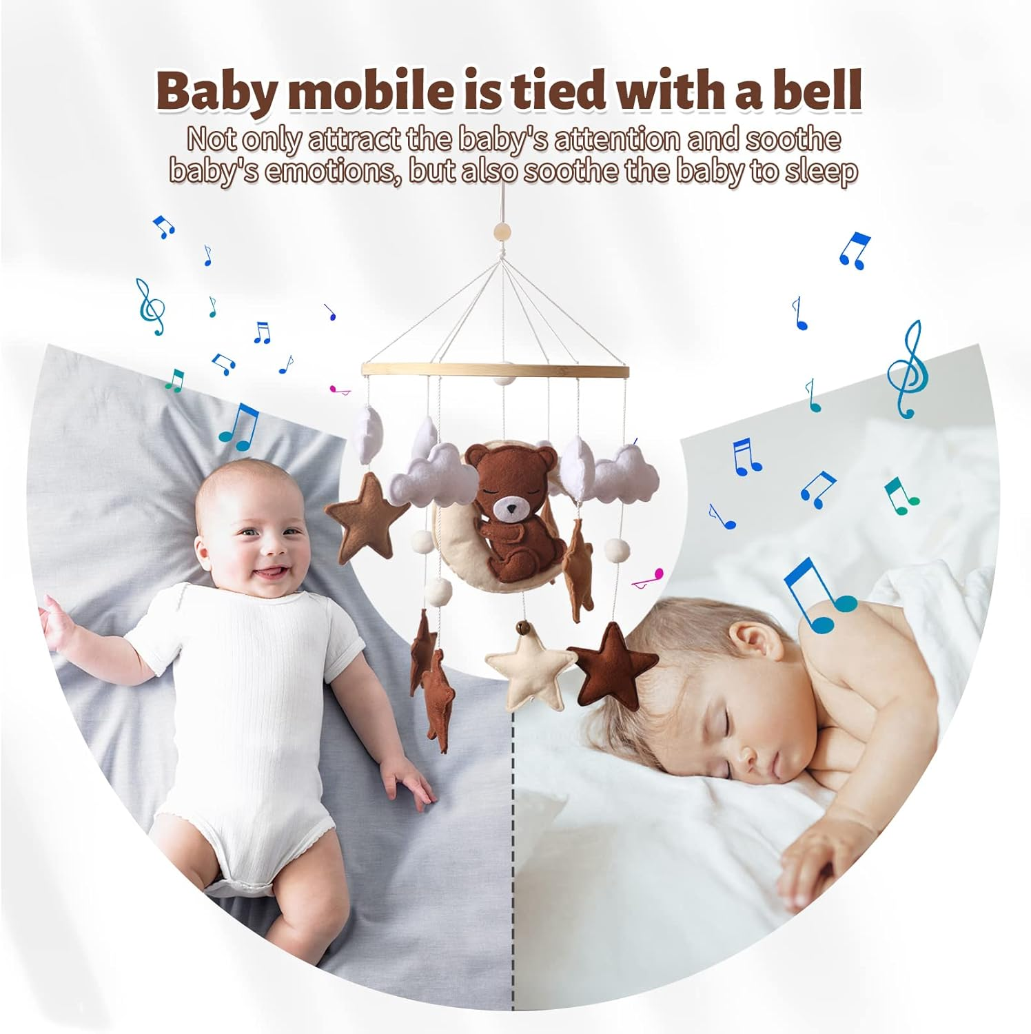 Promise Babe Mobile Baby Wind Chimes Clouds Star Moon Baby Mobile with Bear Handmade Wooden Crochet Animal Wind Chime Bed Bell Pendant for Hanging Baby Bed Nursery Changing Table Playpen Decoration - Felt Bear Mobile image number 5