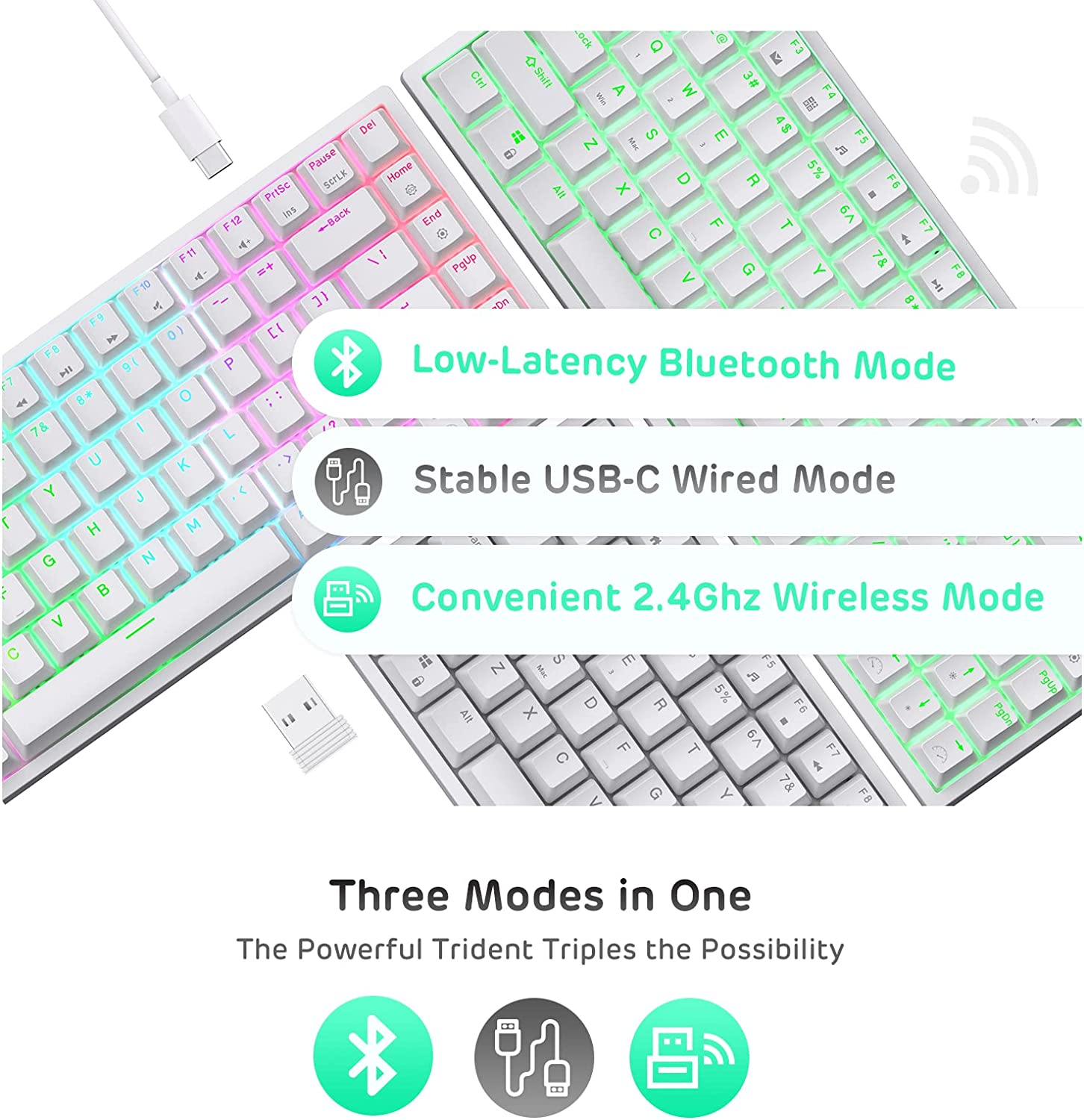RK ROYAL KLUDGE RK84 Wireless Bluetooth/2.4Ghz 75% RGB Mechanical Gaming Keyboard, Three Modes Connectable Keyboard with Hot-Swappable Quiet Red Switch White image number 2