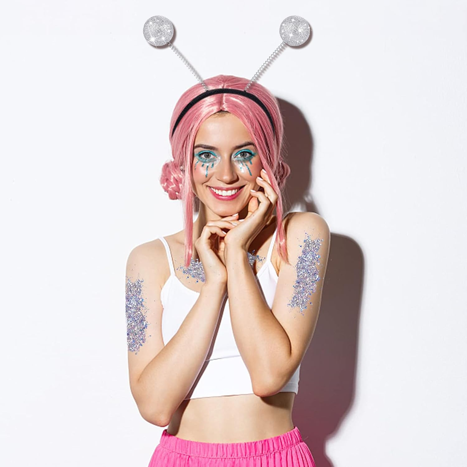 2PCS Silver Martian Antenna Headband Alien Headband Boppers Ball & 2PCS Silver Holographic Chunky Glitter Costume Accessory Party Favors for Themed Parties image number 5