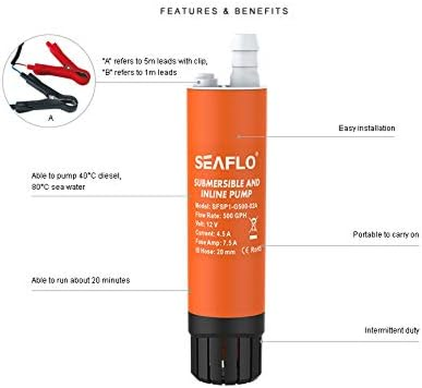 SEAFLO 500GPH 12V Submersible & Inline Water Pump &ndash; Diesel & Seawater Compatible, Portable, Quiet, 3/4" Outlet for Marine, Boat, Caravan, Camping & RV Use image number 3