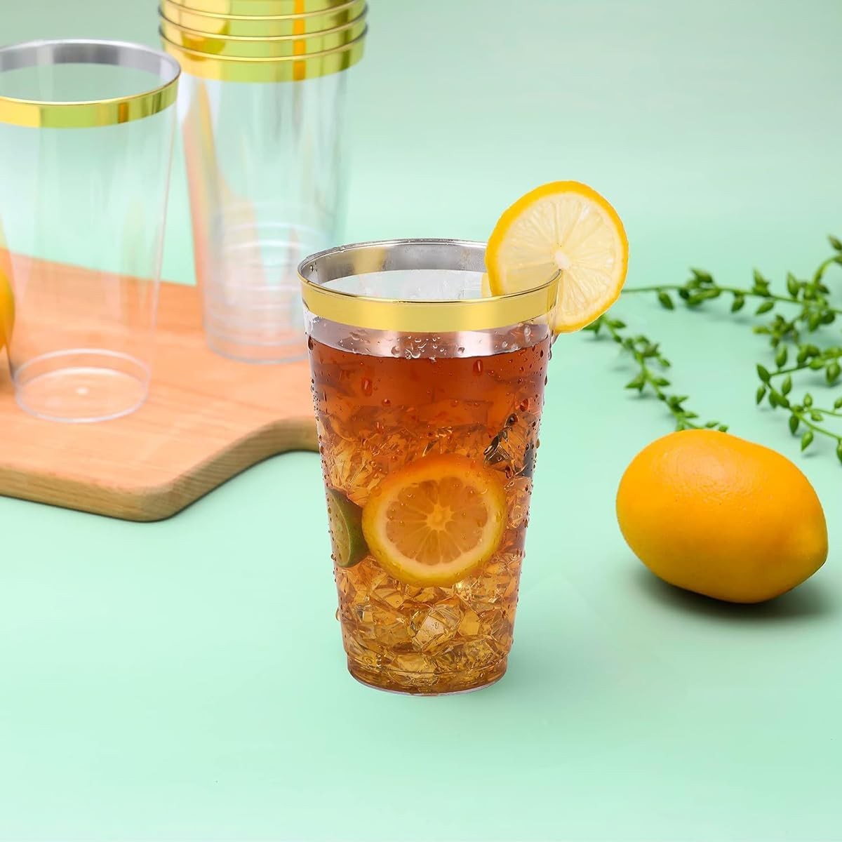 50 Pcs Plastic Tumbler Cups,10 OZ Clear Tumblers with Gold Rim,Reusable Elegant Party Cups for Holiday Gathering & Parties image number 4