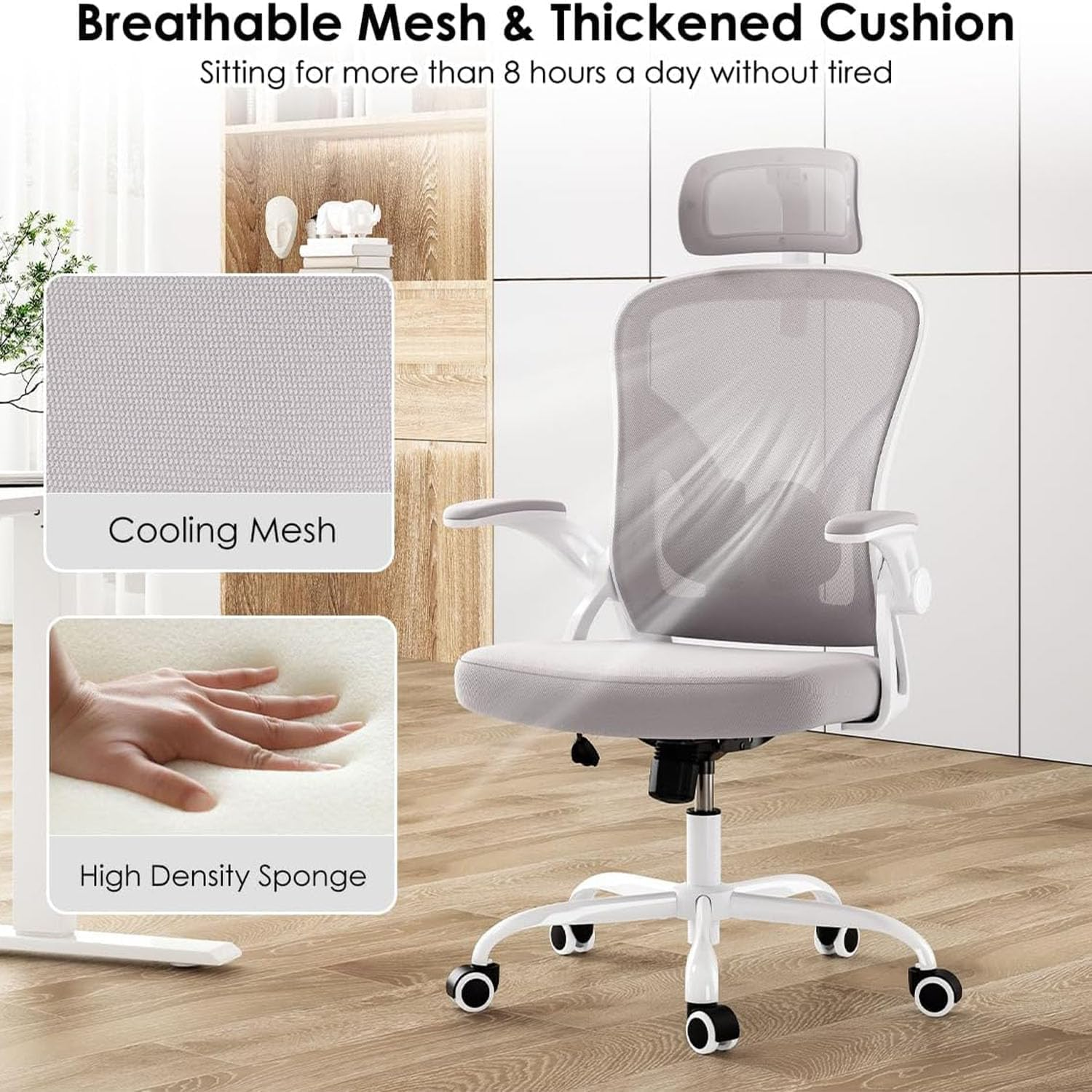 Ergonomic Office Chair with 3D Headrest - Adjustable Swivel Computer Desk Chair for Home & Study, Lumbar Support Mesh Back, Padded Seat, Tilt Function, Grey