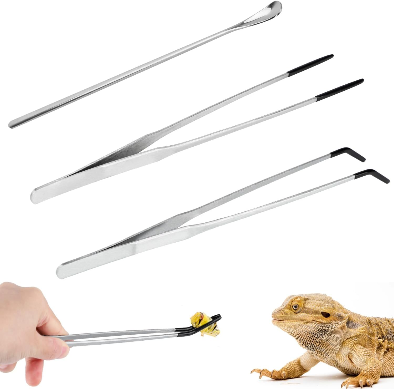 3Pcs Reptile Feeding Tongs, Reptile Feeding Tweezers with Rubber Tip Straight Clip Curved Clip Spoon Long Aquarium Tweezer for Terrarium Lizard Spider Snake Tank Accessories for Reptile Lovers image number 1