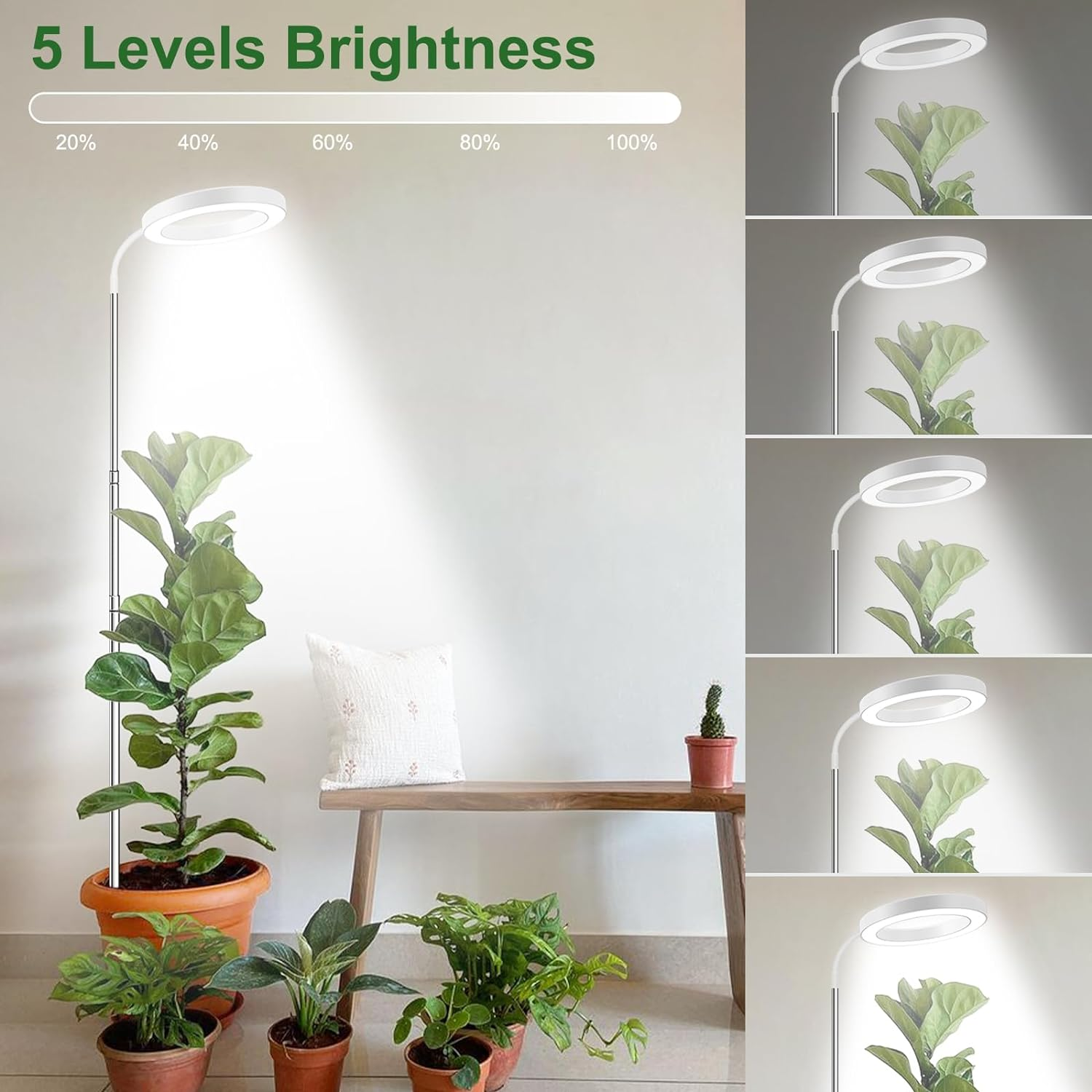 Wolezek LED Plant Lamp, 80 Leds, 6500 K, Full Spectrum, 160 Cm Large, 3 Colours, 5 Brightness Levels, 360&deg; Gooseneck, 6/12/16 Hour Timer, Height Adjustable, White image number 3