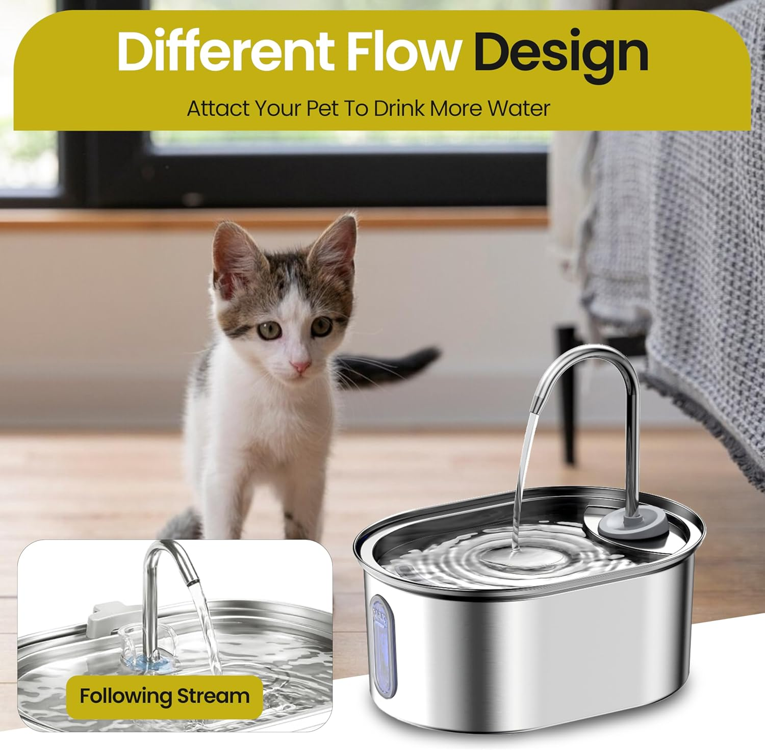Premium Pet Water Fountain | Automatic 3L Stainless Steel Cat Fountain with LED Light Water Level Window | Bpa-Free, Filtered Automatic Dog Fountain image number 5