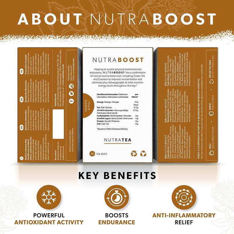 NUTRABOOST - Energy Tea | Herbal Energy Boost Tea - Help with Tiredness and Fatigue - Includes Green Tea, Ginseng & Ashwagandha - 40 Enveloped Tea Bags - by Nutra Tea - Herbal Tea - (2 Pack) image number 2