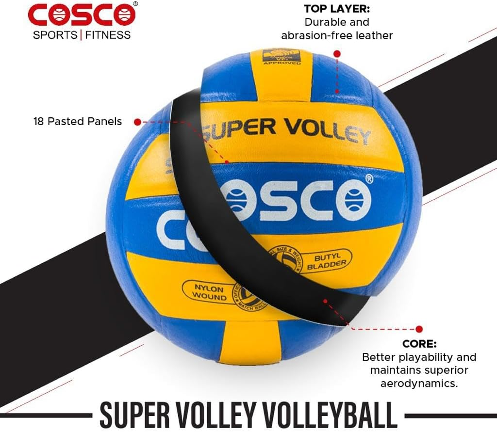 Cosco Approved by VFI Super Volley Volleyball | Color: Blue & Yellow | Size: 4 | Material: Leather | Numbers of Panel: 18 | Winding: Nylon | Weight: 260~280Grams | Recommended for Professional image number 4