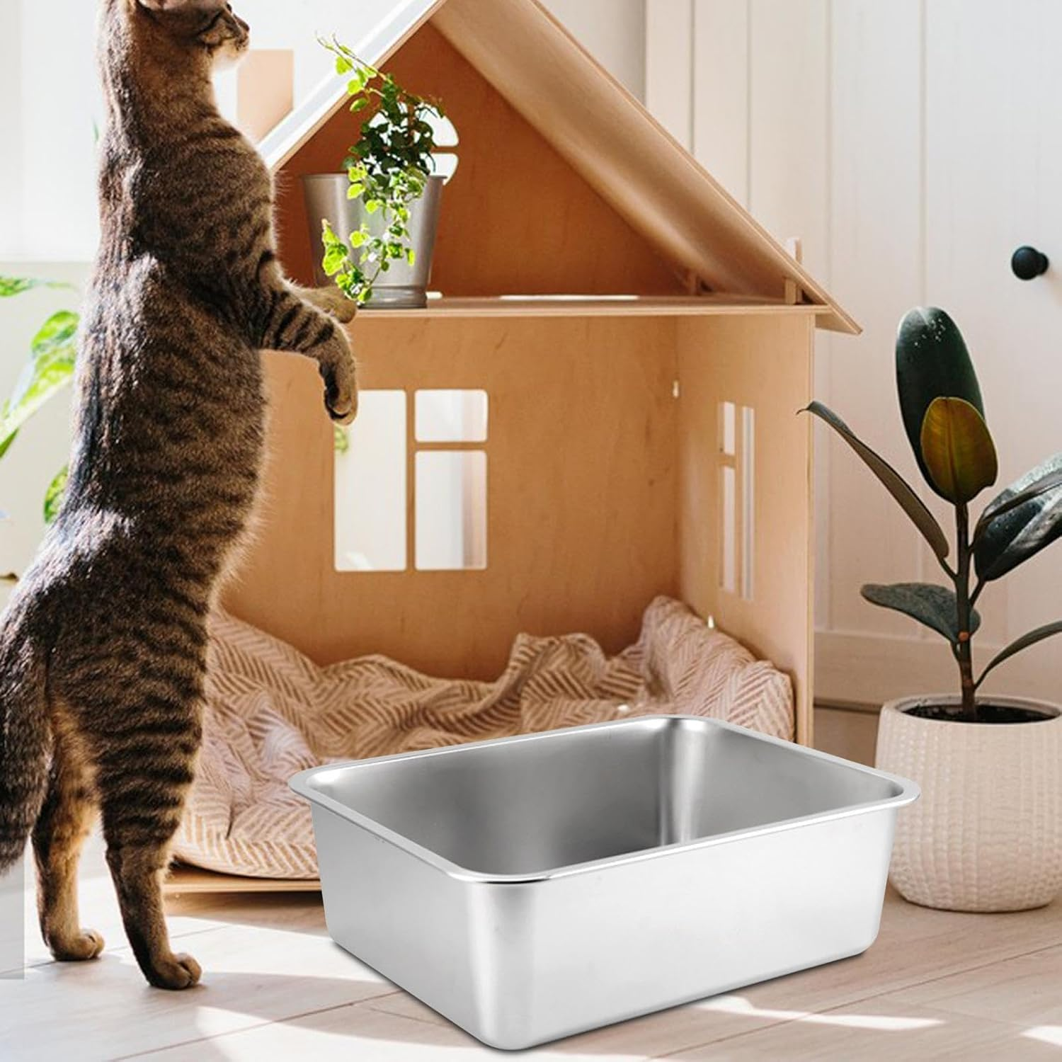 Cat Metal Kitten Litter Pan Kitten Potty Pan Rustproof Smooth Surface Top Open High Sides, 45X35X15Cm - 40X30X15Cm W Handle image number 4