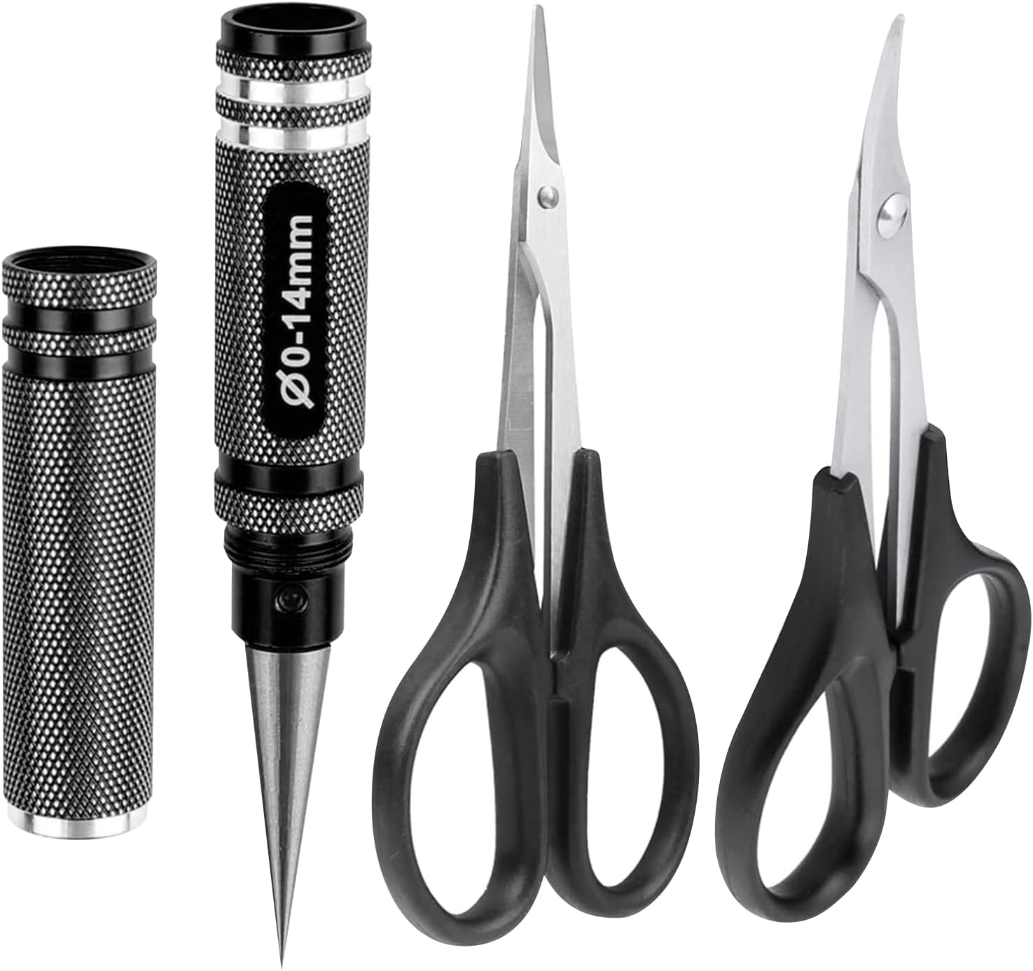 RC Body Reamer Hole Puncher, Curved Scissors & Straight Scissor RC Car Body Mounting 3Pc Combo Set,0-14Mm Hole (Black)