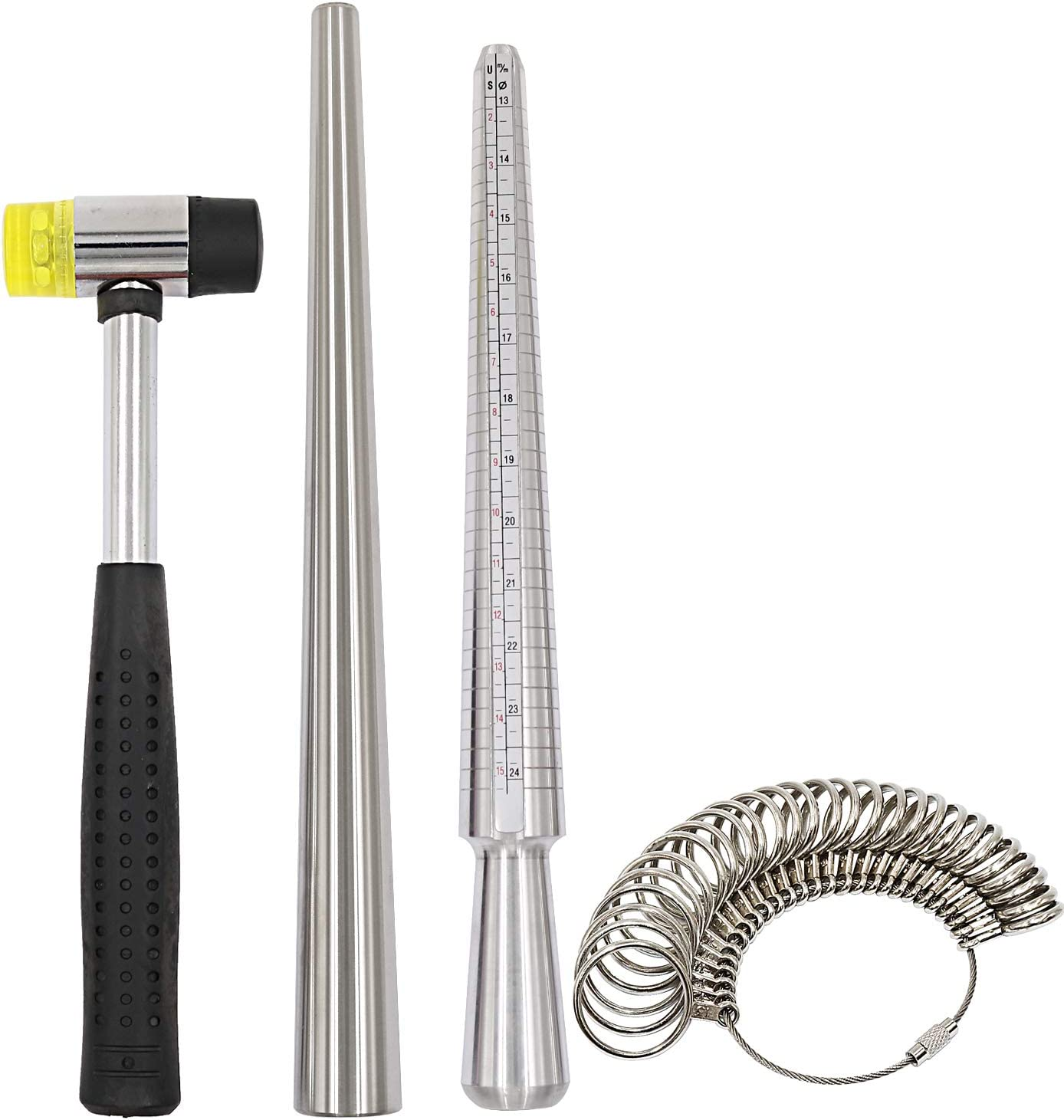 Ring Mandrel Sizer Tool with Metal Mandrel Finger Sizing Measuring Stick and Ring Sizer Guage of 27 Pcs Circle Models Jewelry Sizer Tool and Rubber Jewelers Hammer image number 4