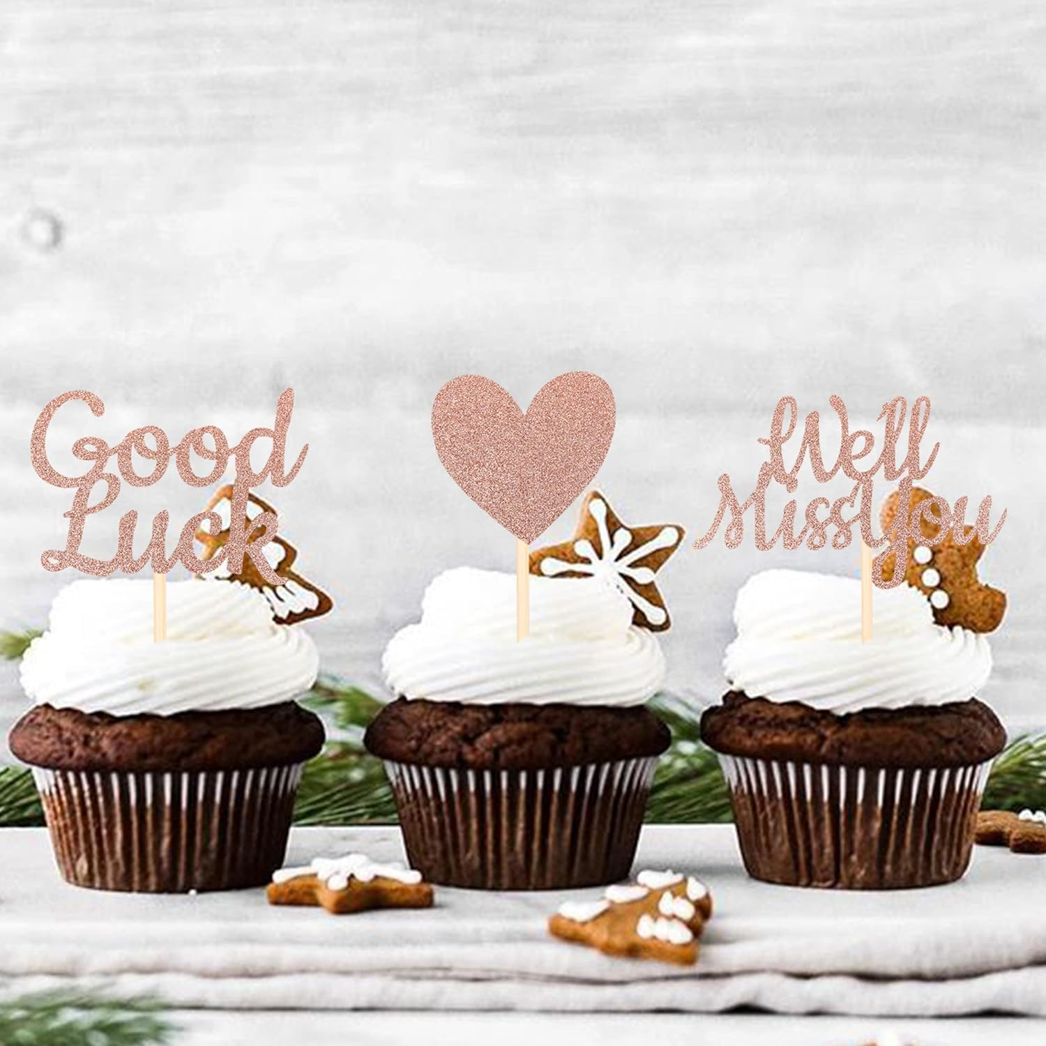24 Pack We Will Miss You Cupcake Toppers Glitter Red Love Heart Good Luck Cupcake Picks Retirement Theme Going Away Party Cake Decorations (Rose Gold) image number 1