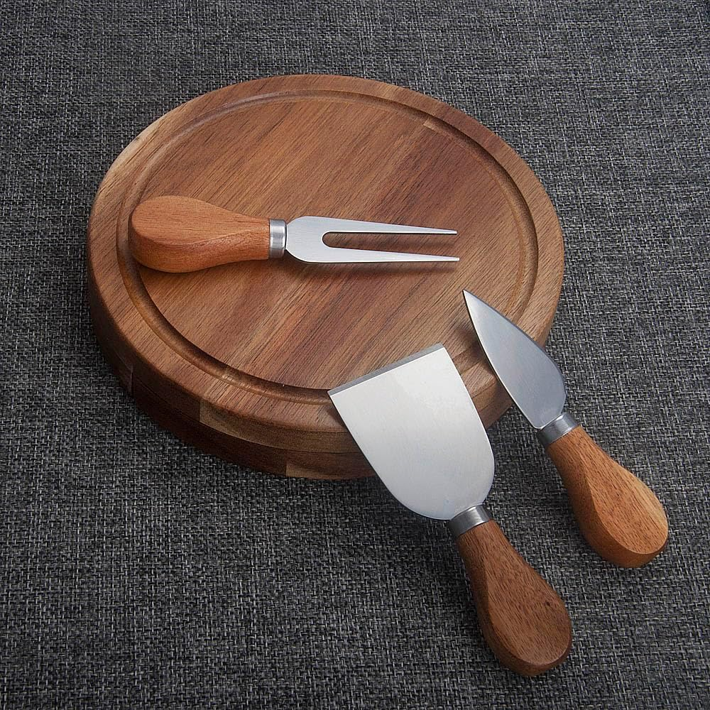 Round Slide-Out Acacia Wood Cheese Serving Board and 3 Piece Cheese Tool Set, 7.5 Inch Diameter, Ideal for Wedding Birthdays Christmas Anniversary Housewarming Kitchen Personalized Gift image number 6
