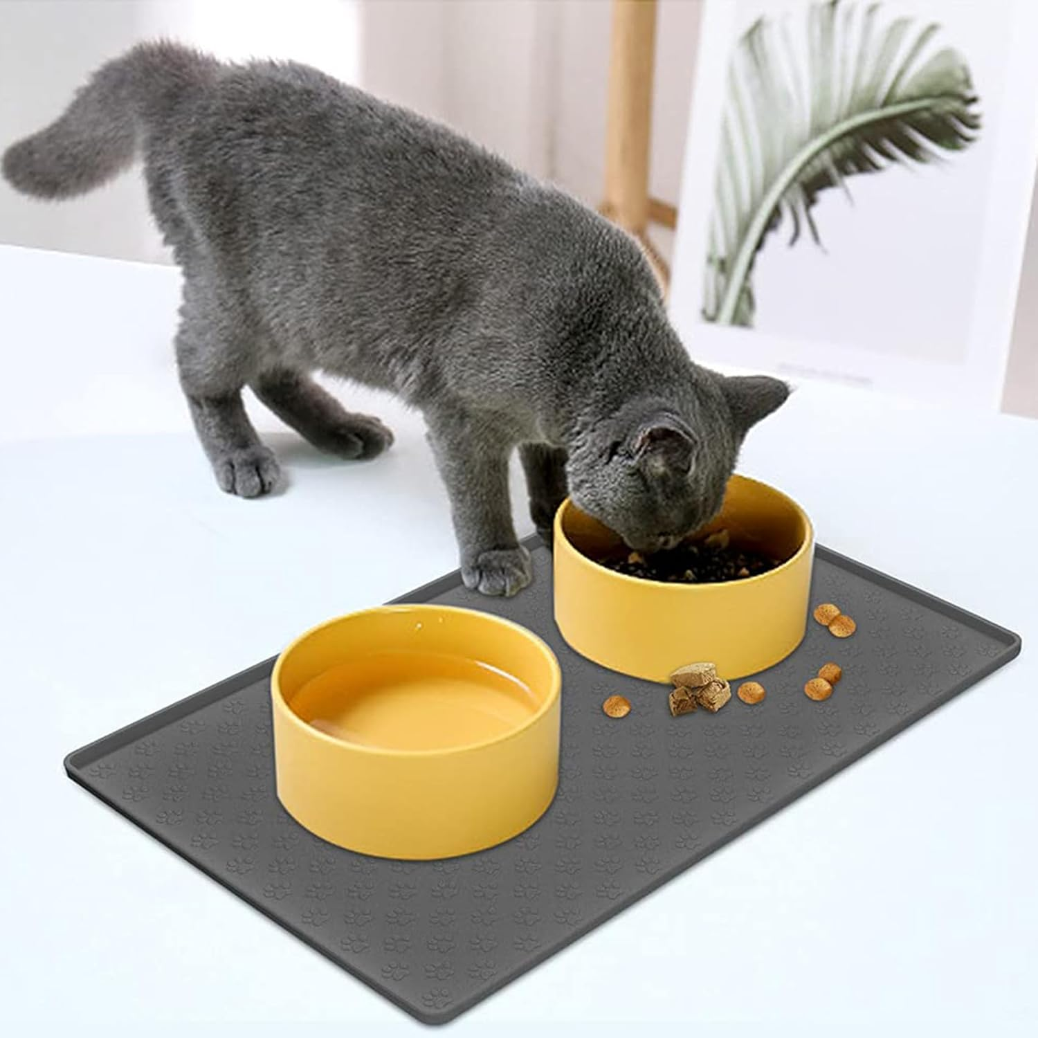 Silicone Waterproof Pet Feeding Mats, Food Mats, Pet Placemat for Dog and Cat, Mat for Prevent Food and Water Overflow, Non Slip, Washable, Easy Clean, Paw Pattern(Grey) image number 2