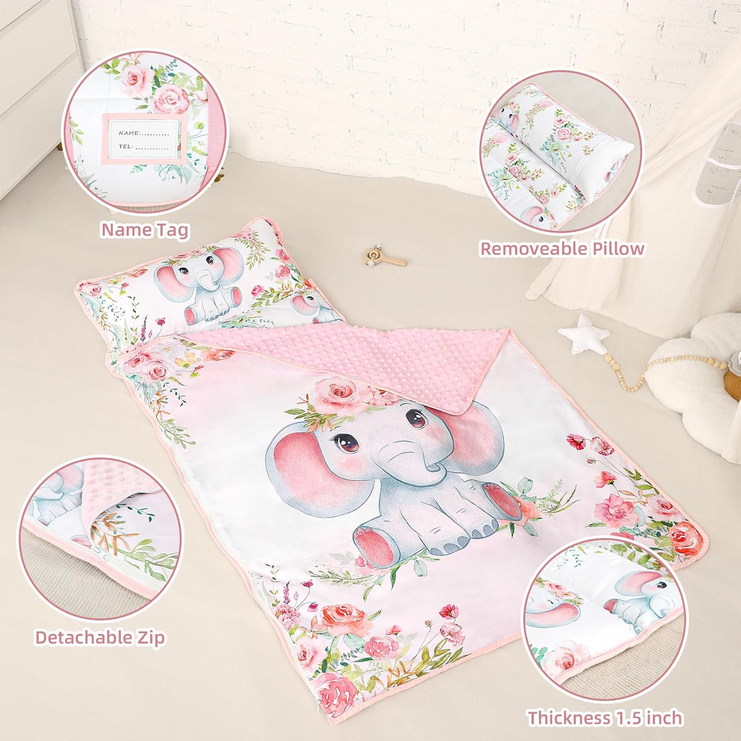 Toddler Nap Mat for Preschool, Soft Sleeping Mats for Kids Boys Girls, Detachable Zipper, 55" X 23" Fit Stackable Kiddie Cot, Pink Elephants image number 5