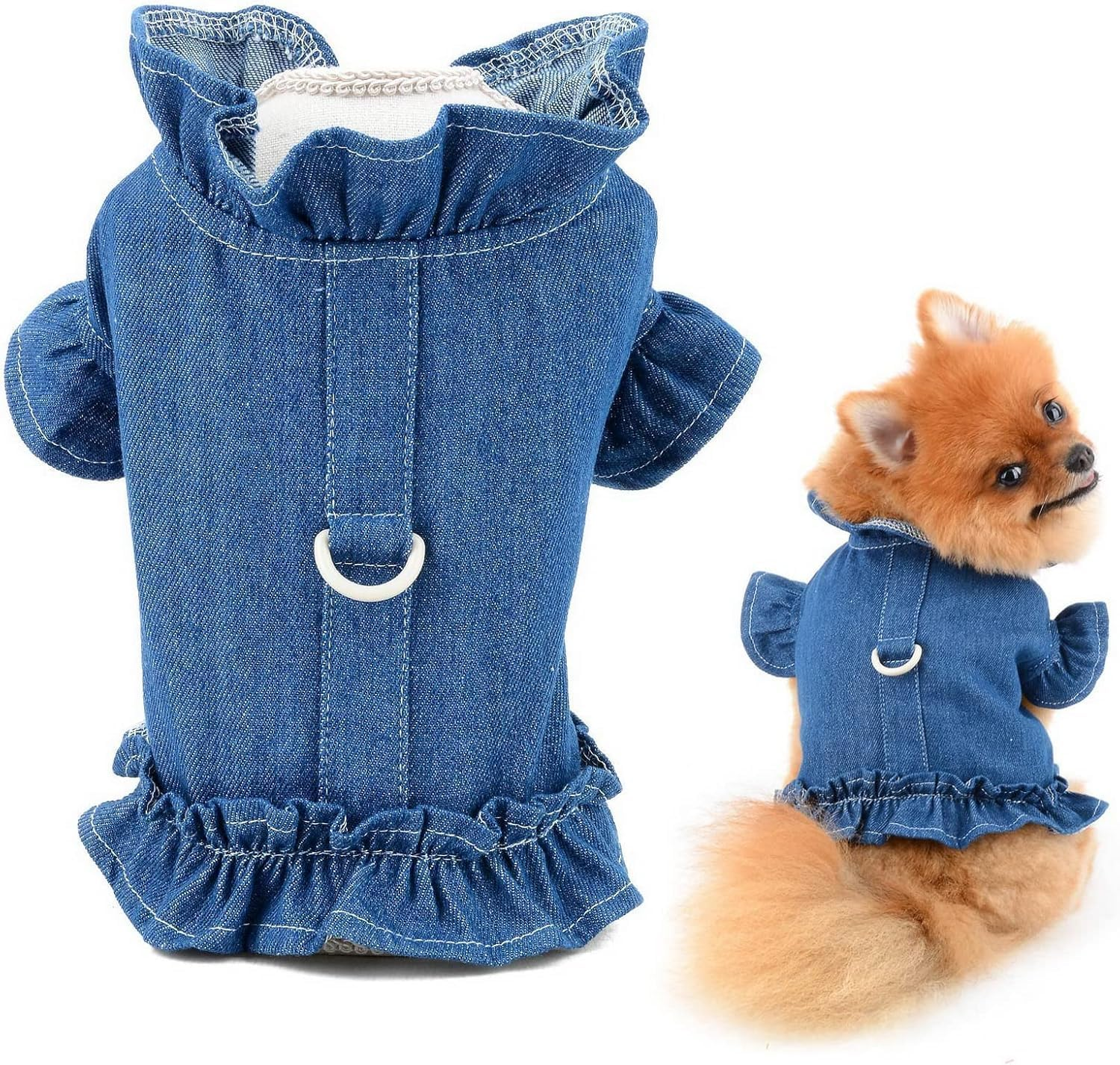 Pet Denim Harness Vest Shirt with D-Ring for Small Dogs Cats Soft Comfort Ruffles Jean Jacket for Outdoor Walking (Dark Blue, S) image number 4