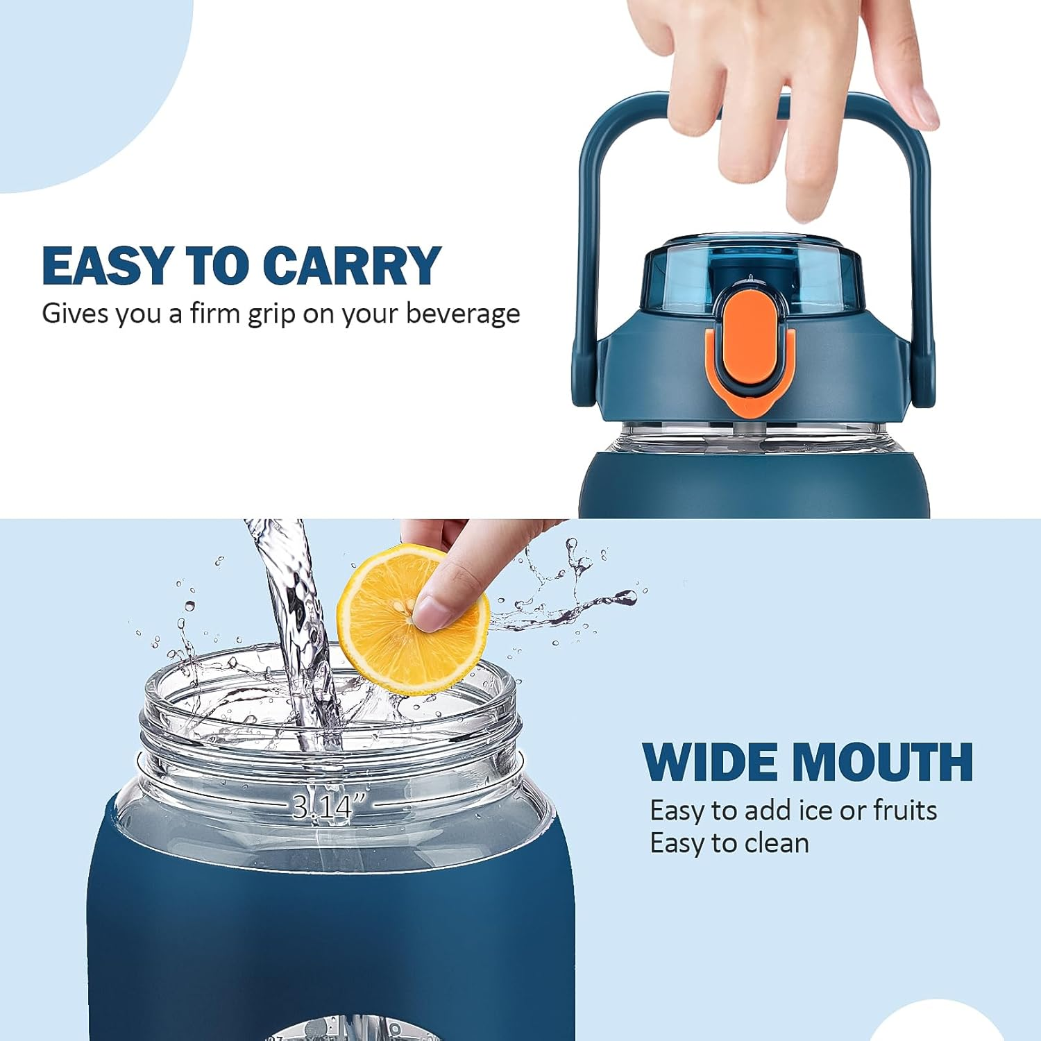 Kytffu 64Oz Glass Water Bottles with Straw, Half Gallon Motivational Glass Bottle with Silicone Sleeve and Time Marker, 2L Leakproof Large Glass Water Jug for Gym Home Office,Blue image number 6