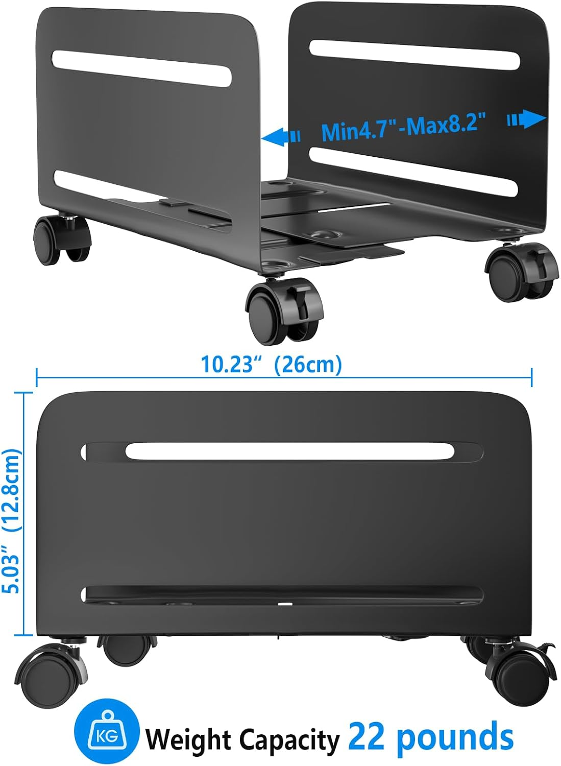 AGPTEK Adjustable and Lockable CPU Stand, Computer Tower Stand Adjustable Width from 12Cm to 20.8Cm with 2 Locking Wheels and 2 Caster Wheels, UPC Steel Rolling Stand Computer Stand for Desktop Tower image number 2