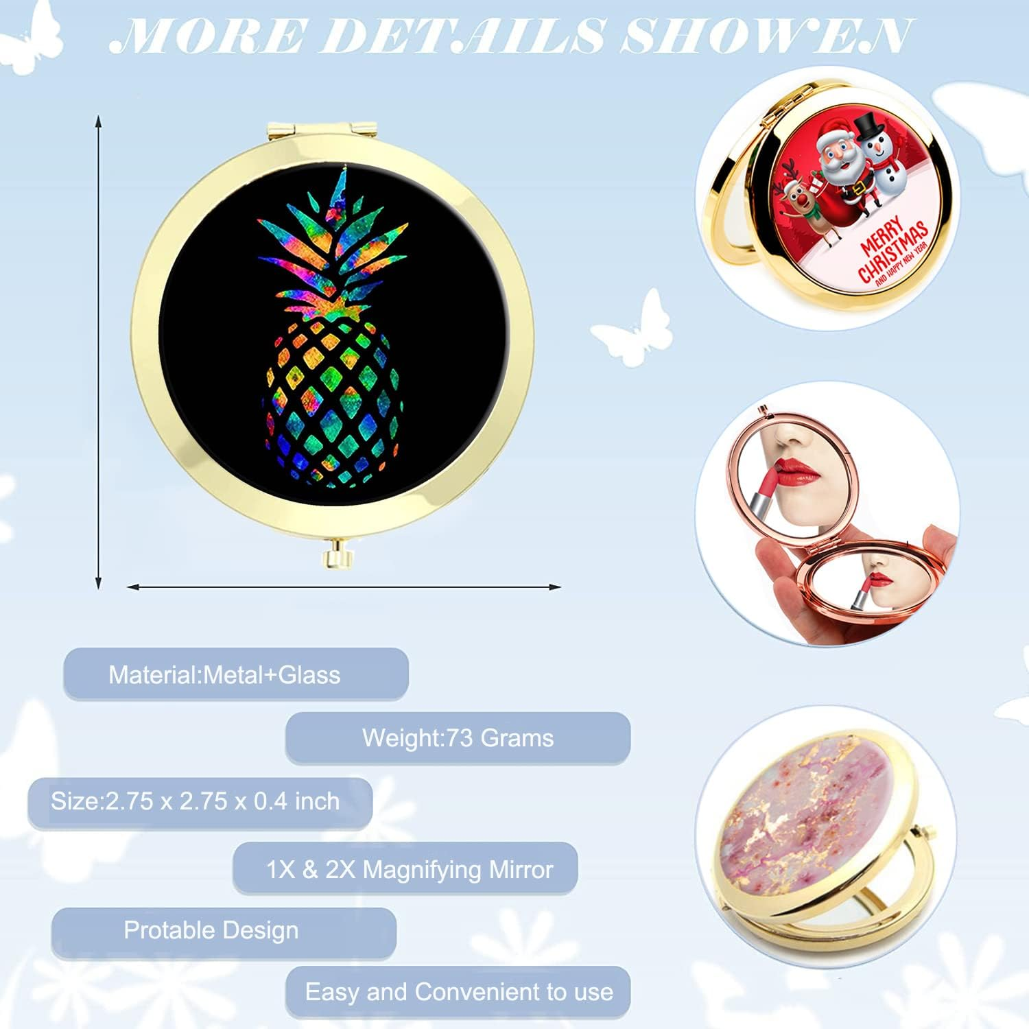 Compact Mirror for Women,Round Mini Pocket Travel Makeup Mirror,Pretty Portable Folding Small Pocket Mirror for Handbag,Purse,Double Sided Handheld Pocket Mirror（Golden Black Pineapple） image number 6