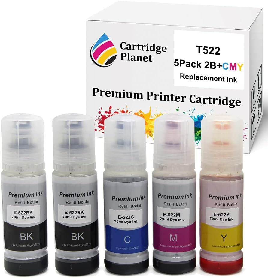 Cartridge Planet 5 Pack (2BK,1C,1M,1Y) Compatible Ink for Epson T522 for Epson Ecotank ET-1110 Expression ET-2710 Expression ET-2720 Workforce ET-4700