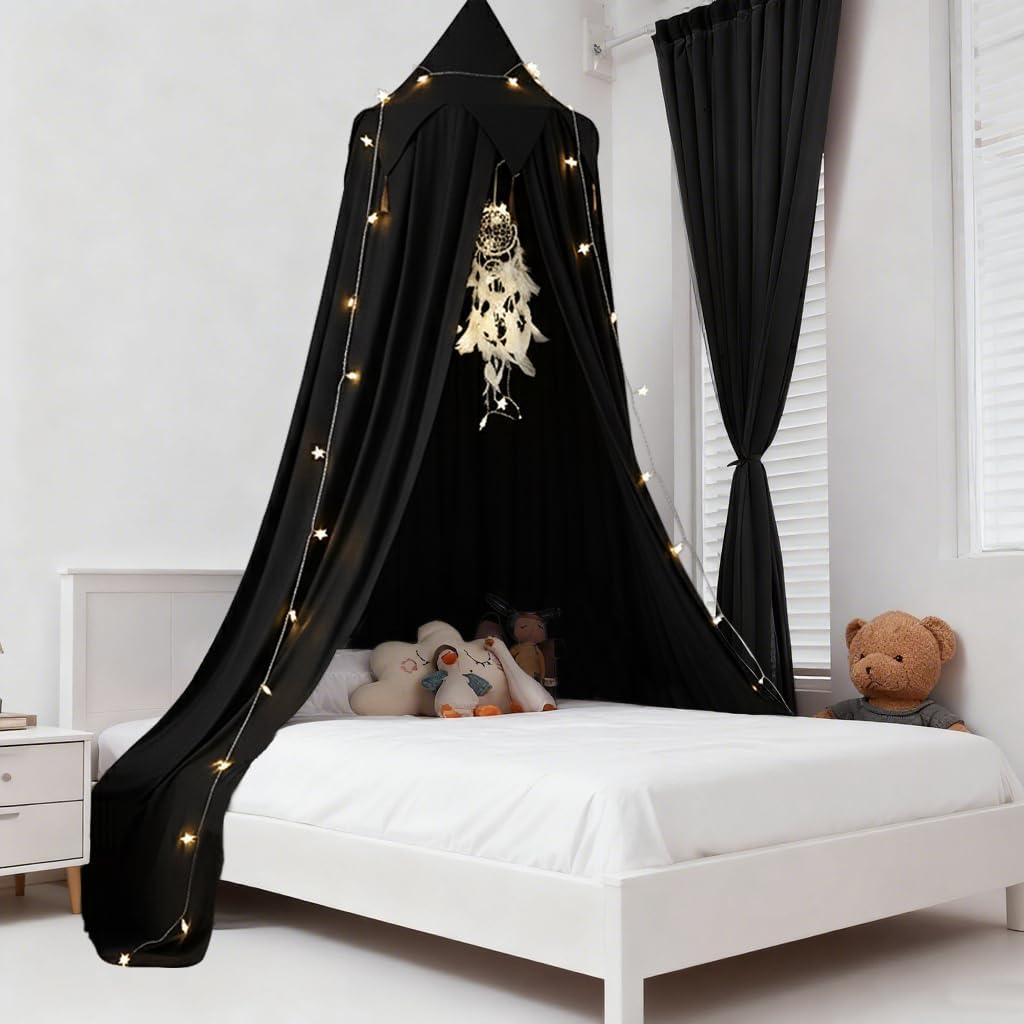 Akiky Bed Canopy for Kids Boys Baby Bed with Lights,Dream Catcher,Hanging Canopy for Indoor Outdoor Castle Canopy for Reading Nook House Decoration (Black)