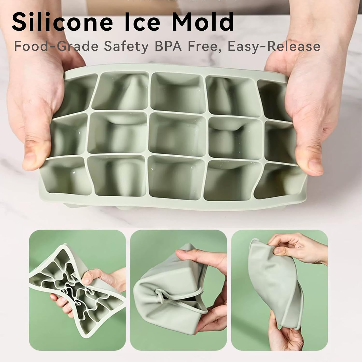 Silicone Ice Cube Tray,3 Pack Large Size Ice Cube Molds with Leak Proof Lid,Big Square Ice Cube Maker and BPA Free for Cocktail,Whiskey, Stackable, Flexible Ice image number 4