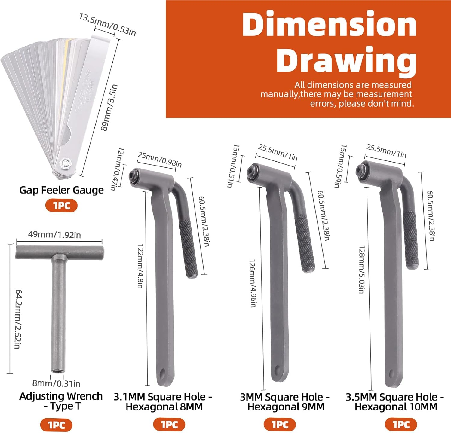 Tanstic 5Pcs Motorcycle Engine Valve Adjustment Tool Set, 8Mm 9Mm 10Mm Valve Screw Spanner, Engine Valve Screw Repair Wrench, Valve Adjusting Square Hexagonal Spanner with Feeler Gauge