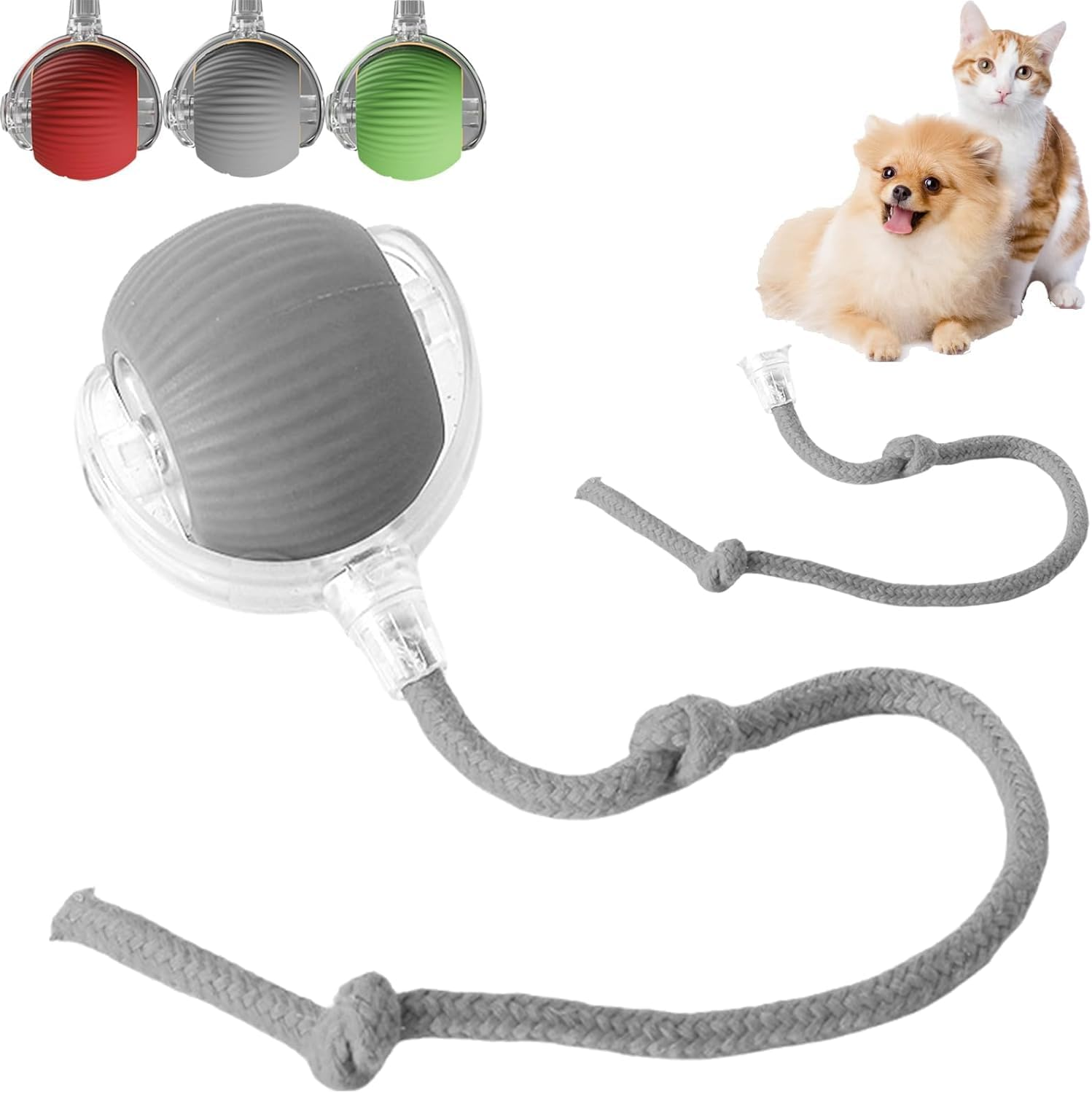 Interactive Rolling Dog Ball, XIULIUU Self Rolling Cat Ball Interactive Cat Toys, Moving Dog Toys, 360&deg; Smart Automatic Rolling Ball Toy Electric Dog Balls with Replacement Rope of Dogs & Cats (Grey) image number 3