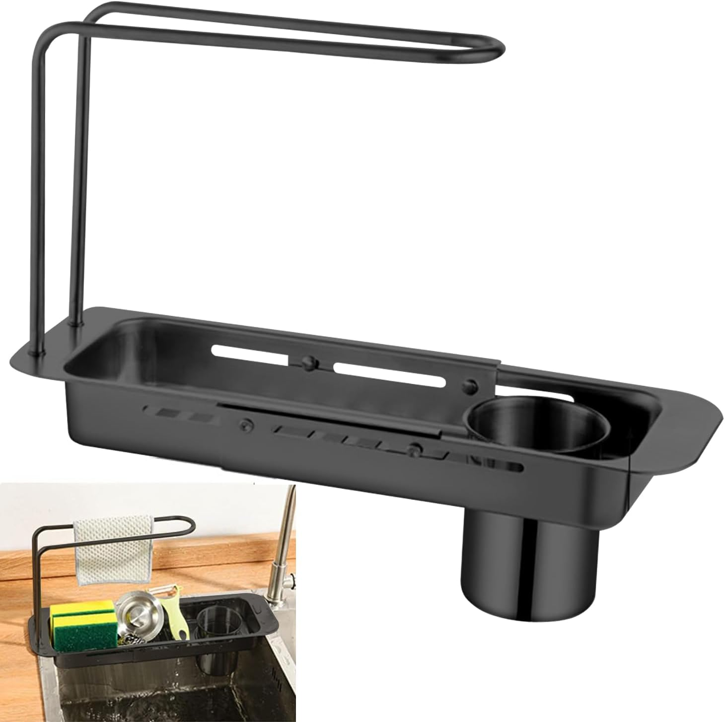 Expandable Sink Storage Rack, Adjustable Drain Basket, over Sink Caddy Organiser, Stainless Steel, Rust Proof Water Proof image number 2