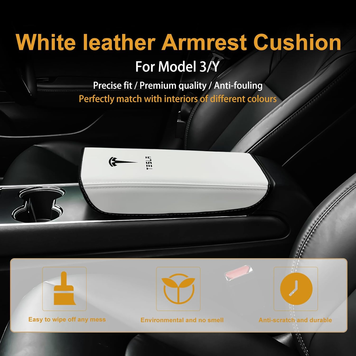 White Armrest Cover for Tesla Model Y / 3 Center Console 2017-2023, Anti-Scratch and Waterproof Soft PU Leather Armrest Protector Cushion image number 6