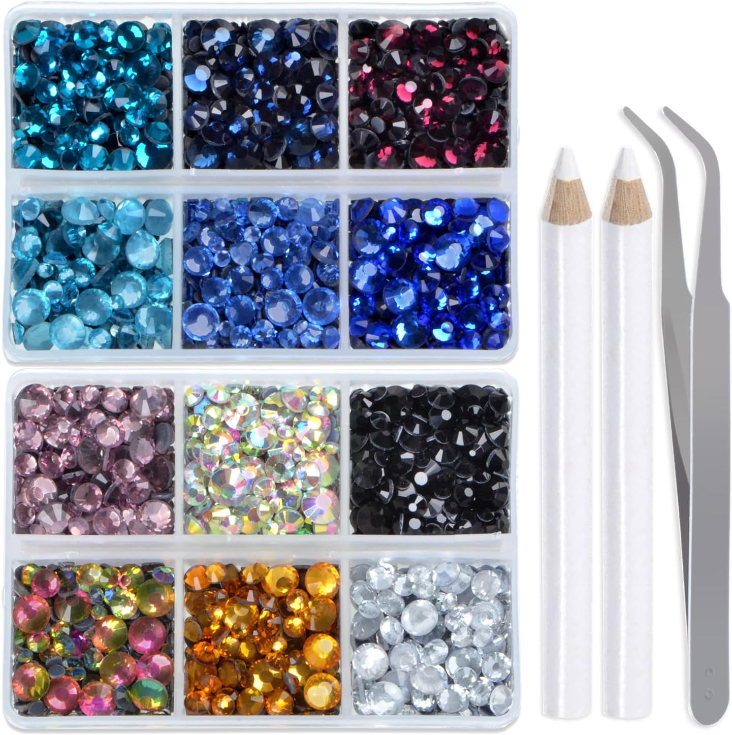 Lpbeads 6400 Pieces Metallic Rose Gold and Metallic Silver Hotfix Rhinestones Flat Back 5 Mixed Sizes Crystal round Glass Gems with Tweezers and Picking Rhinestones Pen